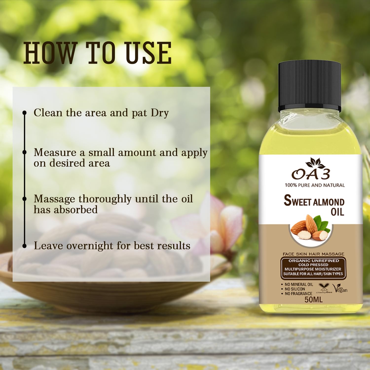 100% Pure Certified Organic Sweet Almond Oil - Cold Pressed, Unrefined, Non-GMO for Hair Growth, Face Moisturizer & Body Massage | Natural Skin Care & Aromatherapy | 50ml Bottle for Daily Beauty Routine