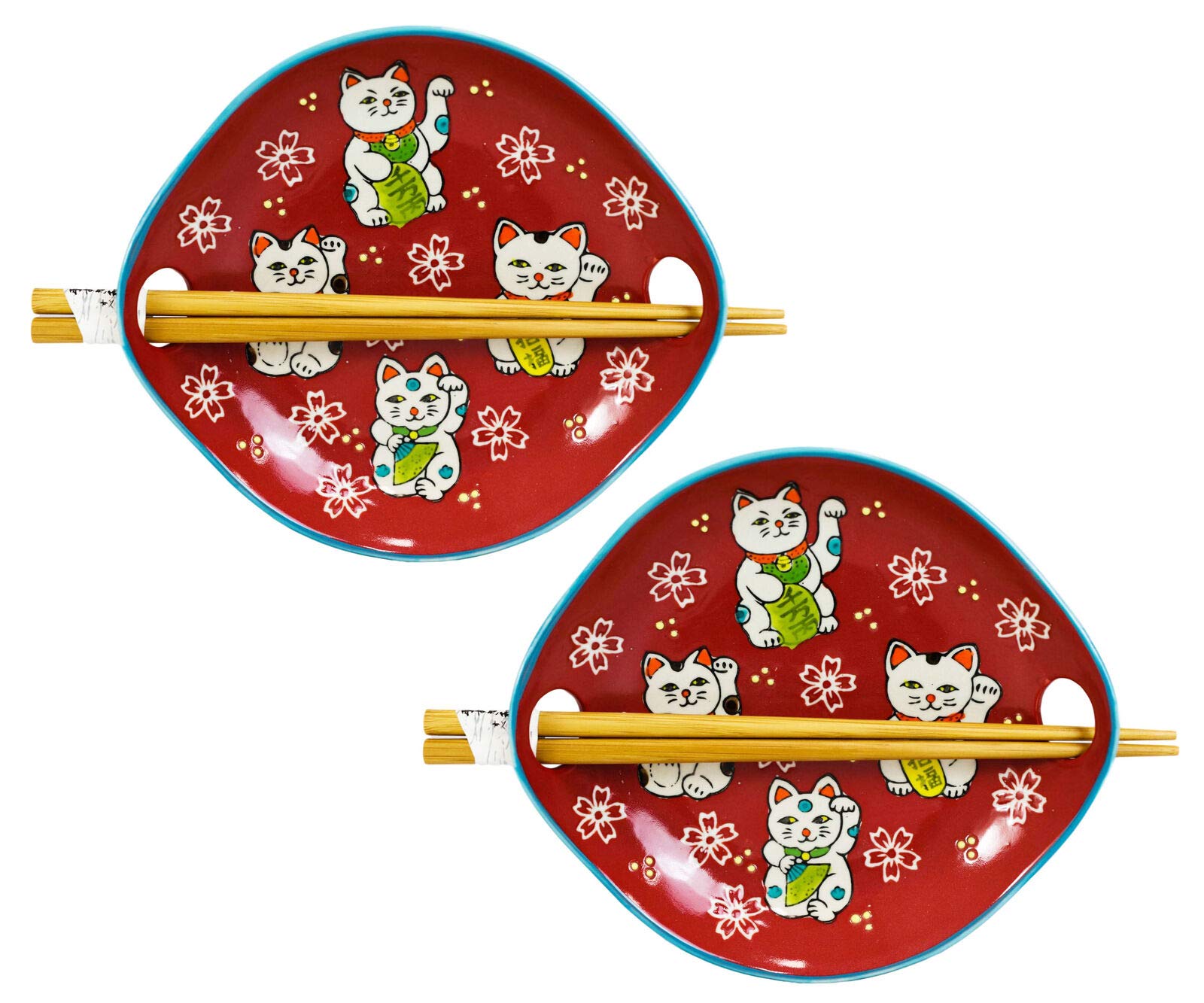 2 Pack Red Maneki Neko Lucky Cat Appetizer Plates with Chopsticks Set - Japanese Fortune Cat Sushi Serving Dishes for Asian Party, Home Decor & Good Luck Gift