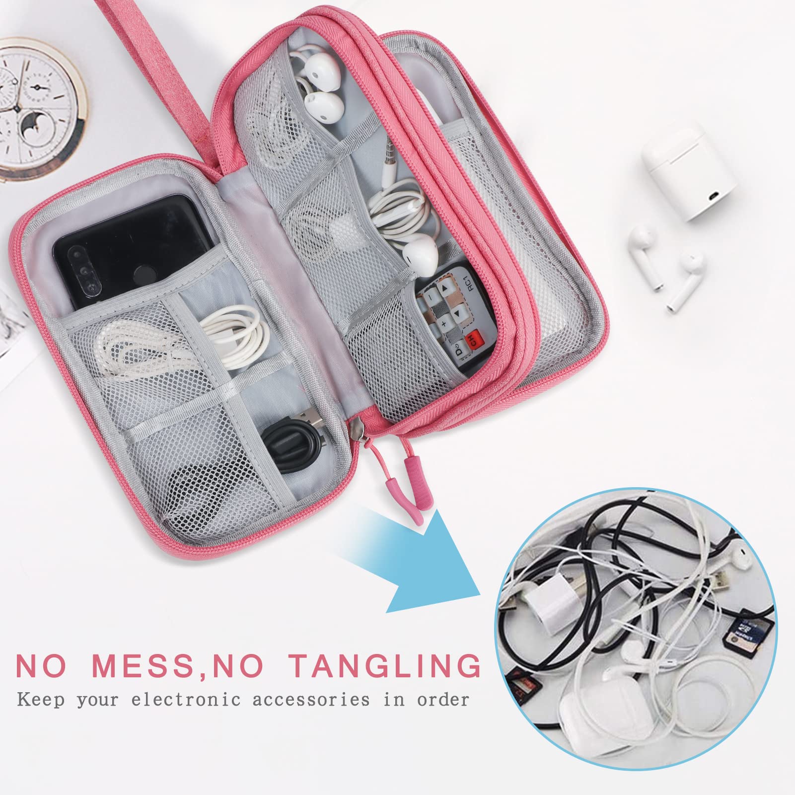 Skycase Waterproof Electronic Organizer Travel Case - Double Layer Cable & Accessory Storage Pouch for Chargers, Cords, Small Tech Items (Pink) | Perfect for Travel, Office & Home Organization