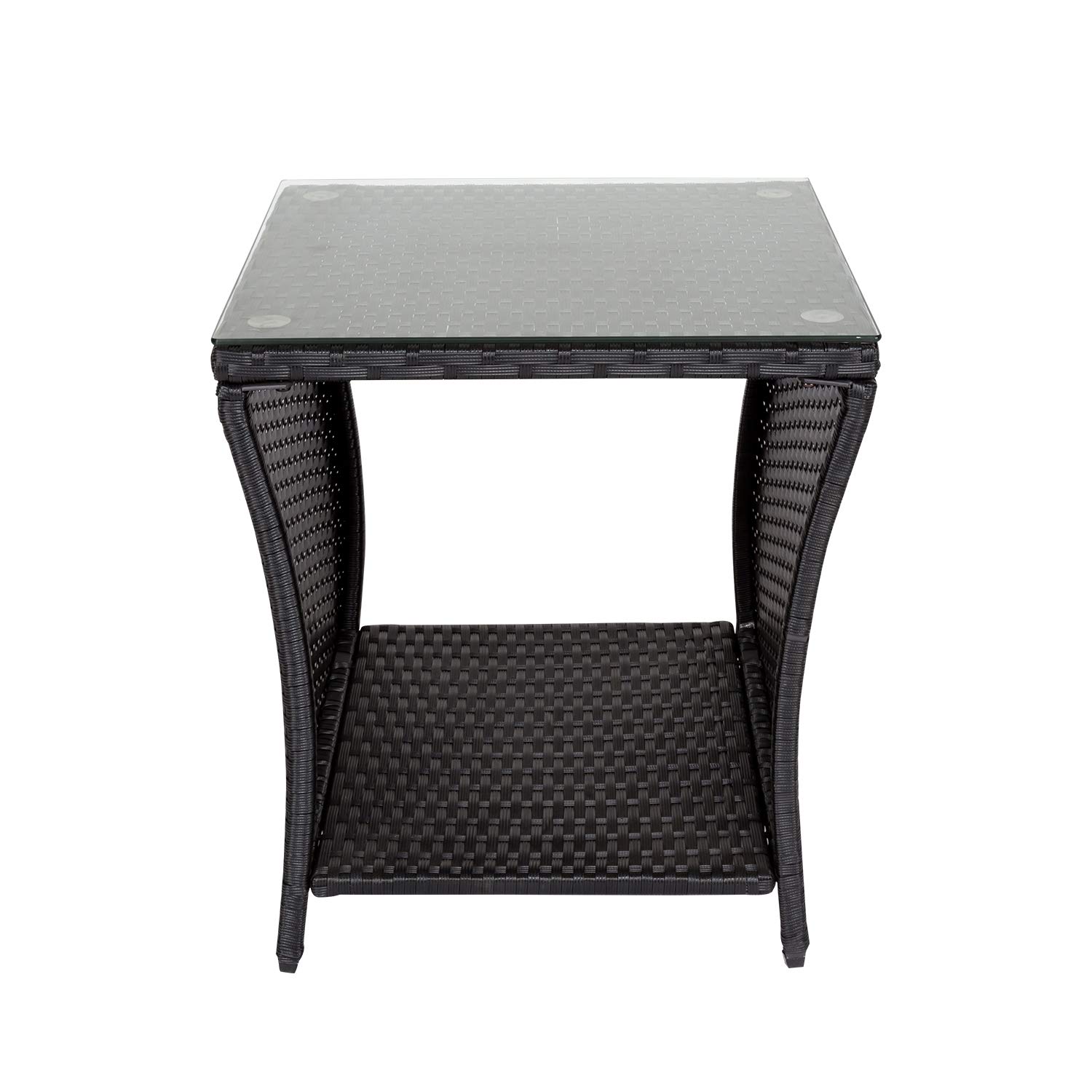 JSUN7 Outdoor Wicker Side Table with Storage & Glass Top - Square Rattan Patio End Table for Deck, Balcony, Poolside - Weather-Resistant Black Outdoor Furniture for Relaxing by the Pool or Entertaining Guests