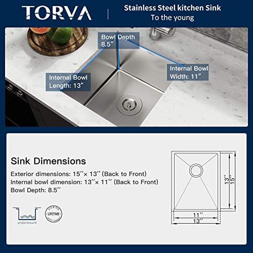 TORVA 13 x 15 Inch Undermount Bar Sink - 16 Gauge Stainless Steel Single Bowl Kitchen Prep Sink for Bars, Coffee Shops & Small Kitchens
