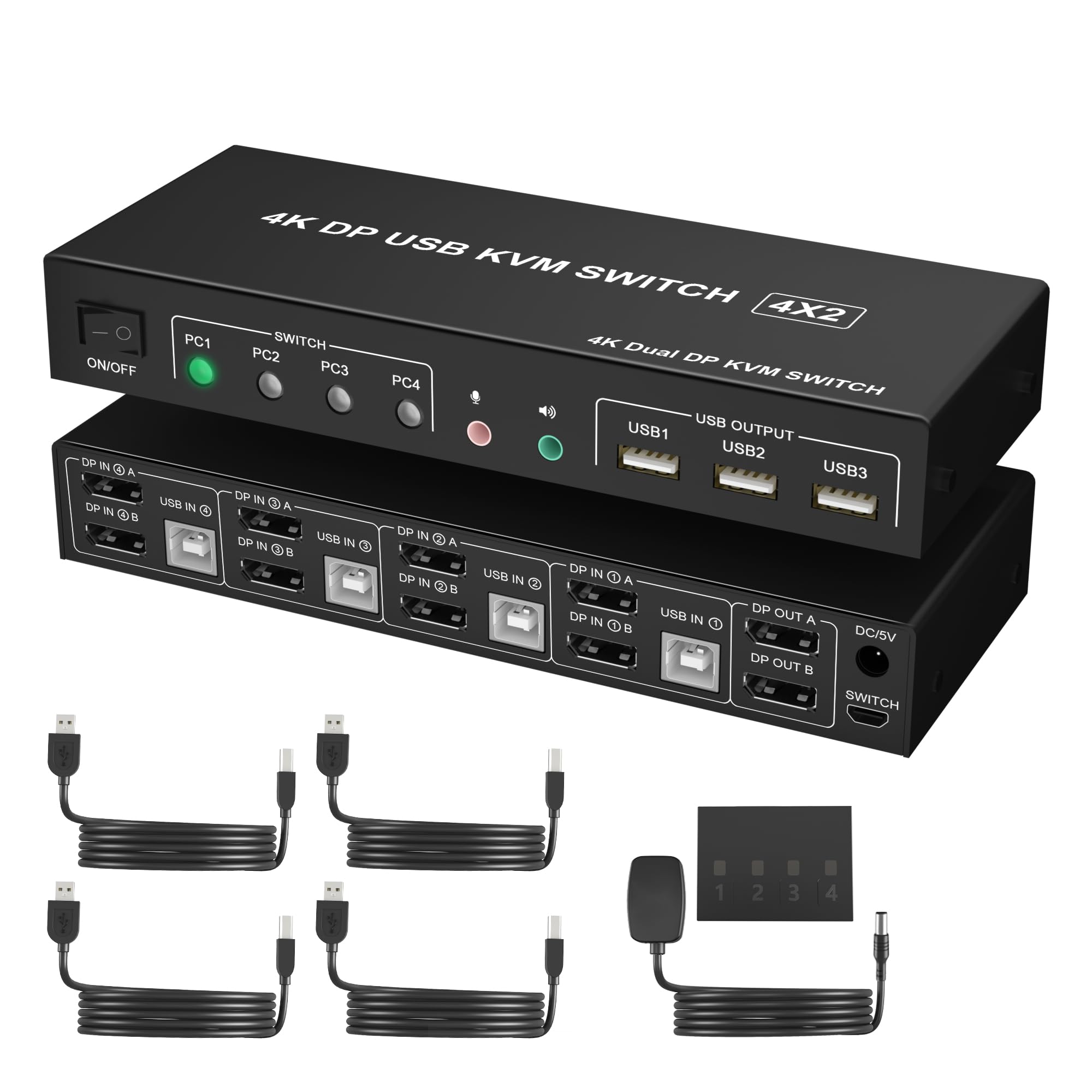 4 Port KVM Switch Dual Monitor DisplayPort 4K 60Hz - Control 4 Computers with 2 Monitors, 3 USB 2.0 Ports & Audio/Mic Support - Ideal for Home Office, Gaming & Multi-PC Workstations