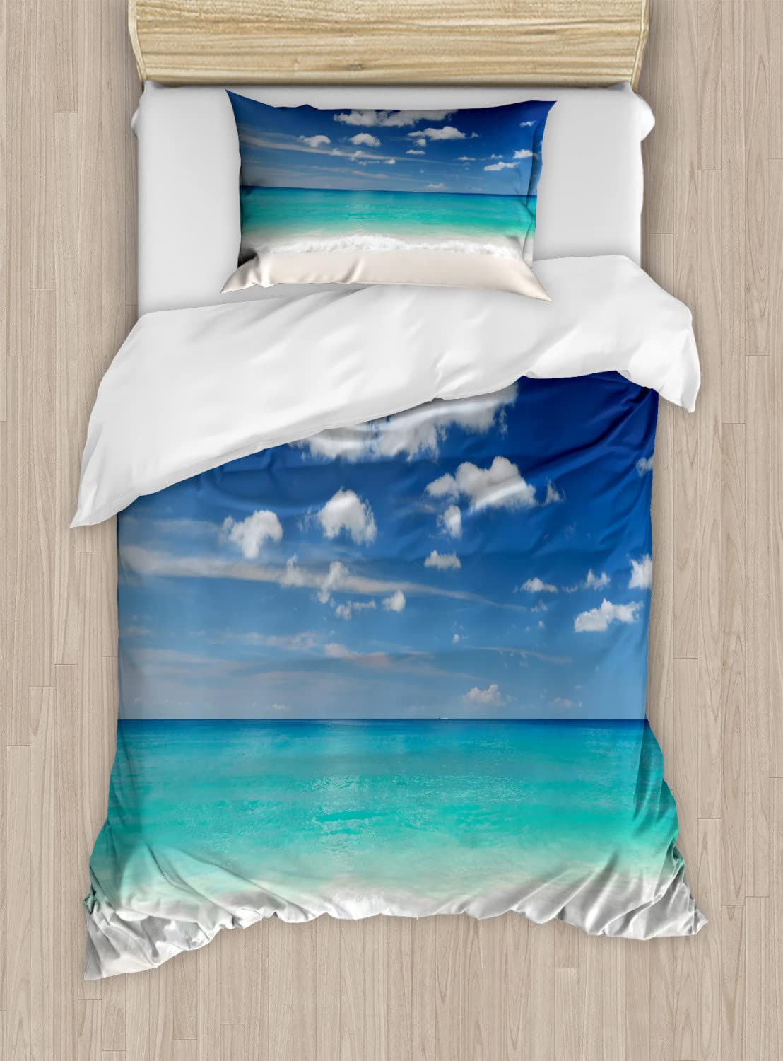 Ambesonne Tropical Duvet Cover Set - Summer Beach Coastal Theme with Sky & Ocean Design, 2-Piece Twin Size Bedding Set (2 Duvet Covers + 2 Pillowcases) in Blue Turquoise White - Perfect for Beach House Decor, Vacation Rental, or Tropical Bedroom Makeover