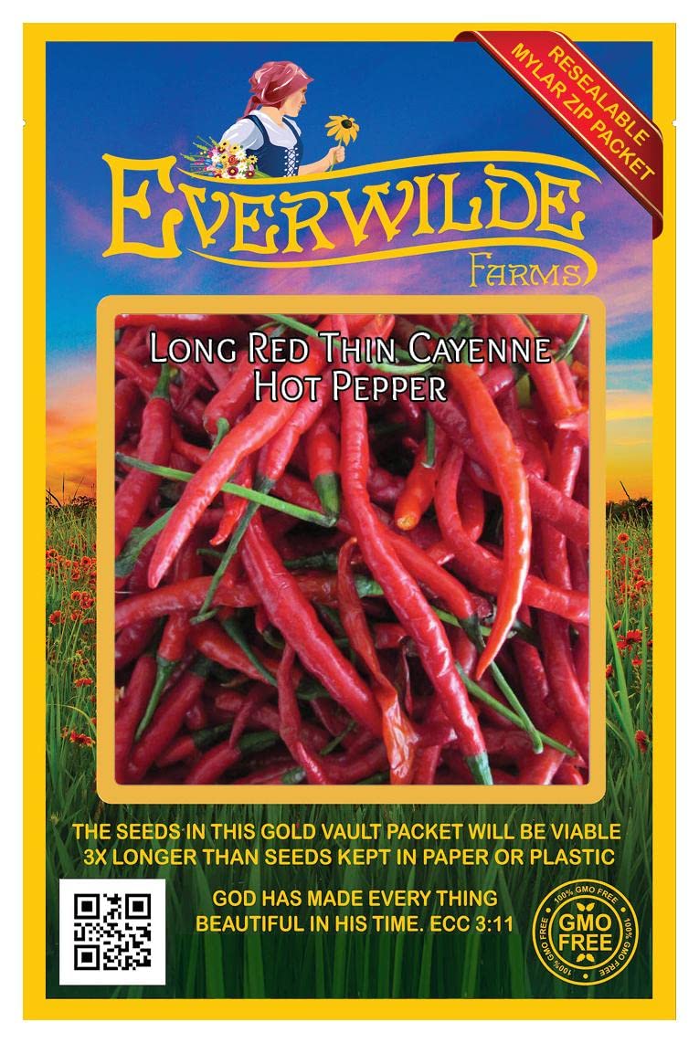 Everwilde Farms - 50 Cayenne Long Red Hot Pepper Seeds - Non-GMO, Heirloom, Gold Vault Seed Packet for Home Gardening, Cooking & Spice Making