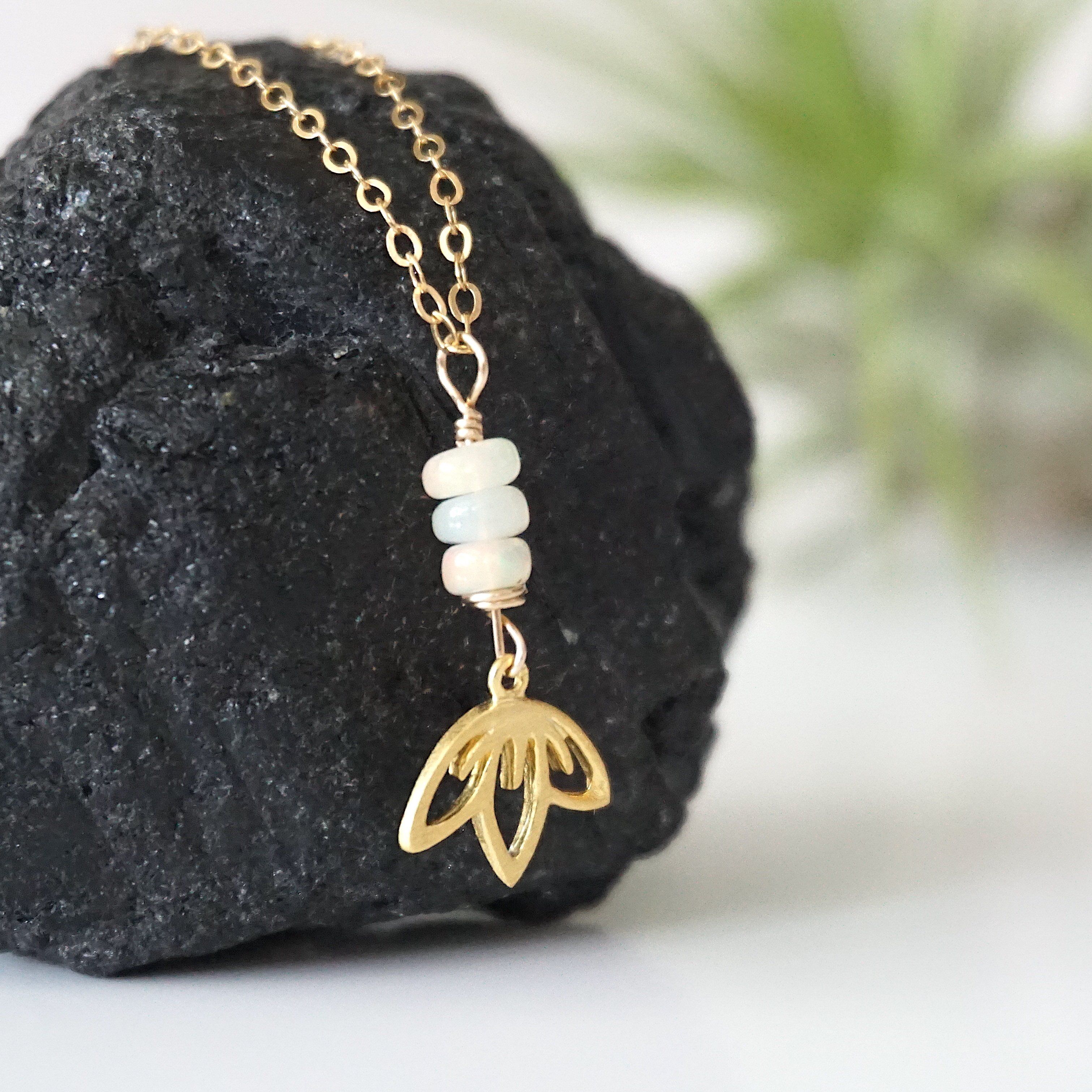 Fire Opal Necklace with 3 Bead Lotus Charm - 14K Gold Filled Jewelry for Women | Elegant Gift for Birthday, Anniversary & Special Occasions