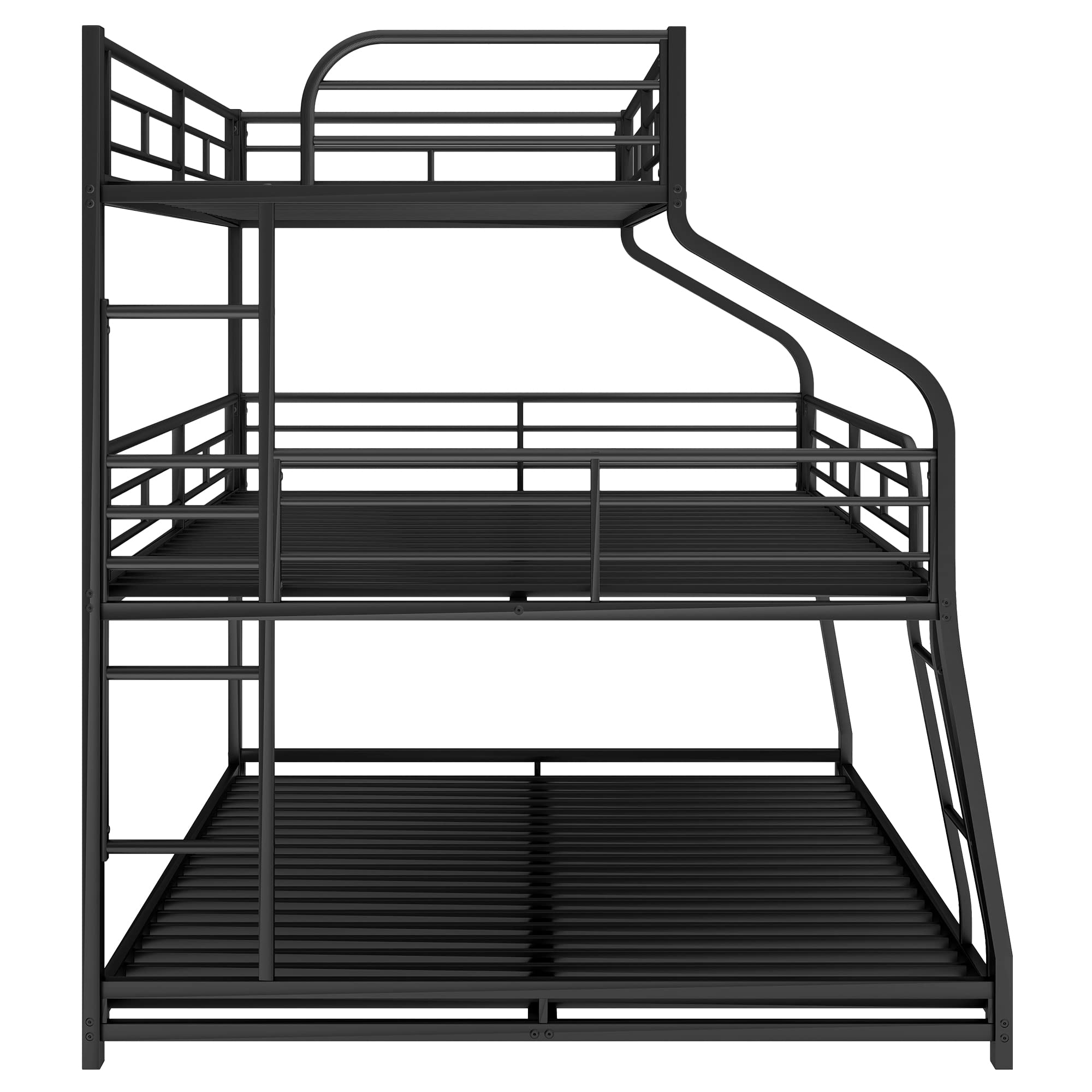 Black Triple Bunk Bed Frame for Twin XL/Full XL/Queen Size - Sturdy Metal Frame with Long & Short Ladder & Full-Length Guardrails - Perfect for Kids' Bedrooms, Dormitories & Space-Saving Home Solutions