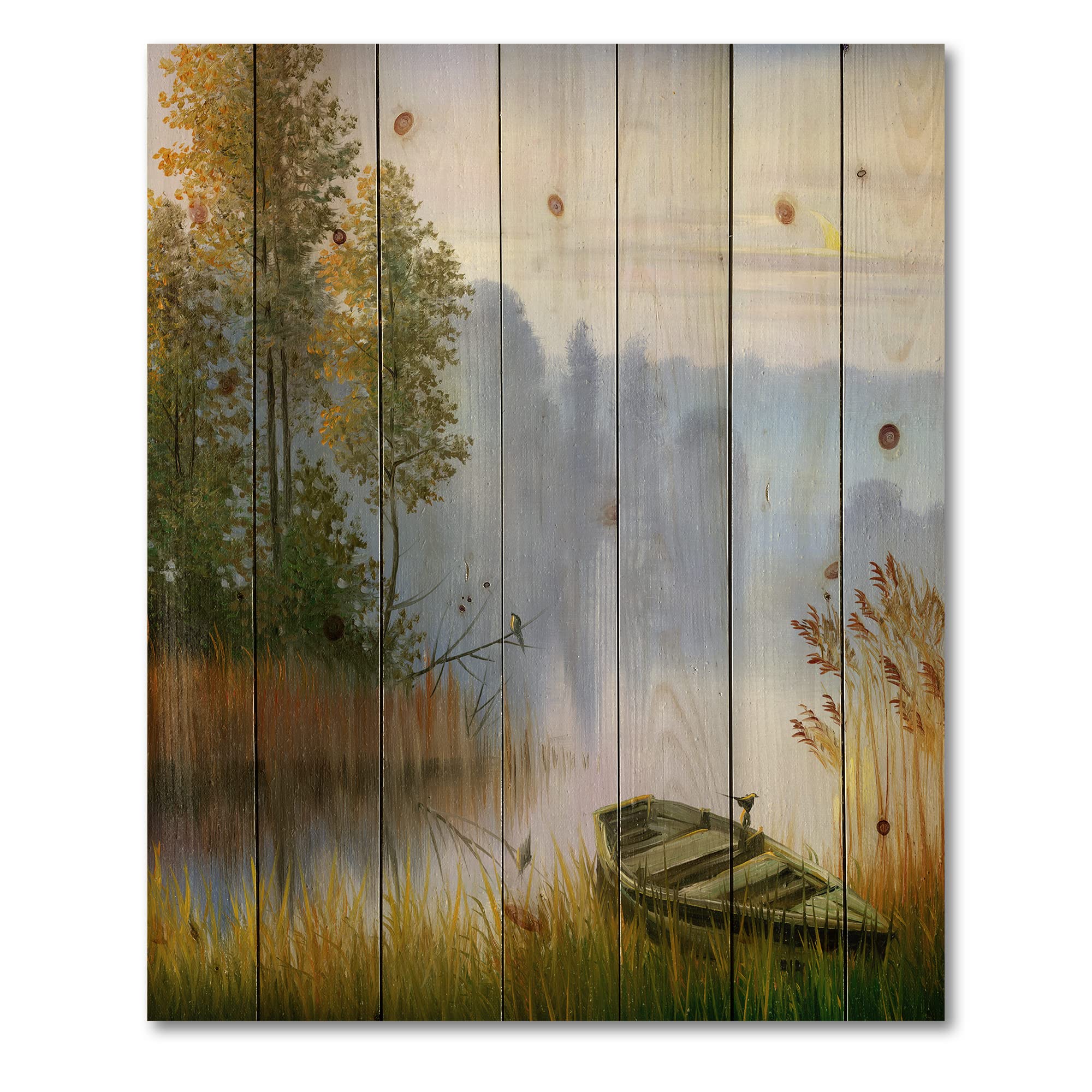 DesignQ Traditional Wood Wall Art - Lake Boat Landscape on Natural Pine Wood, Blue Wood Wall Decor for Living Room, Bedroom & Office