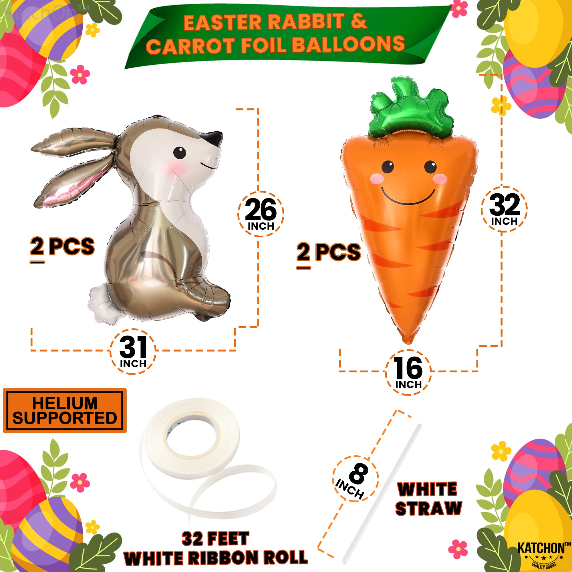 KatchOn 32 Inch Giant Carrot & Bunny Easter Balloons - Pack of 4 | Easter Party Decorations, Bunny Birthday Decorations, Spring Festival Balloons | Perfect for Easter Egg Hunts, Baby Showers, and Outdoor Garden Parties