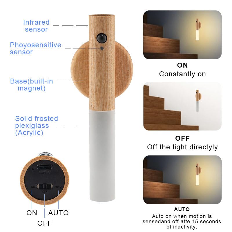LANDGOO LED Motion Sensor Wall Lights - Set of 2 Rechargeable Battery Operated Sconces with 360° Rotation & Magnetic Base, Cordless Bedroom Lighting for Hallway, Closet, Staircase (White Ash Wood)