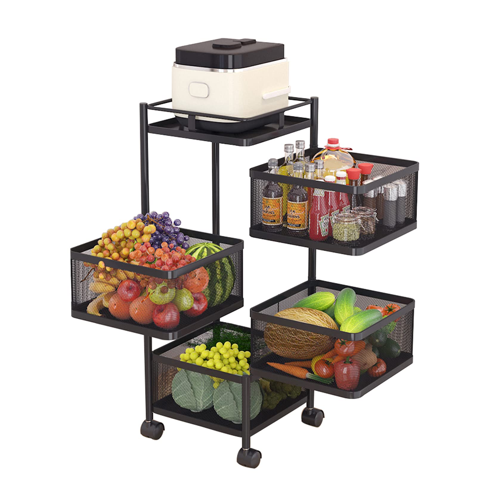 Black Metal Kitchen Shelving Cart with Rotatable Wire Baskets - 27×27×78.5cm Square Storage Rack for Fruits, Vegetables & Organizing - Perfect for Home, Office, Dorm & Garage Storage Solutions
