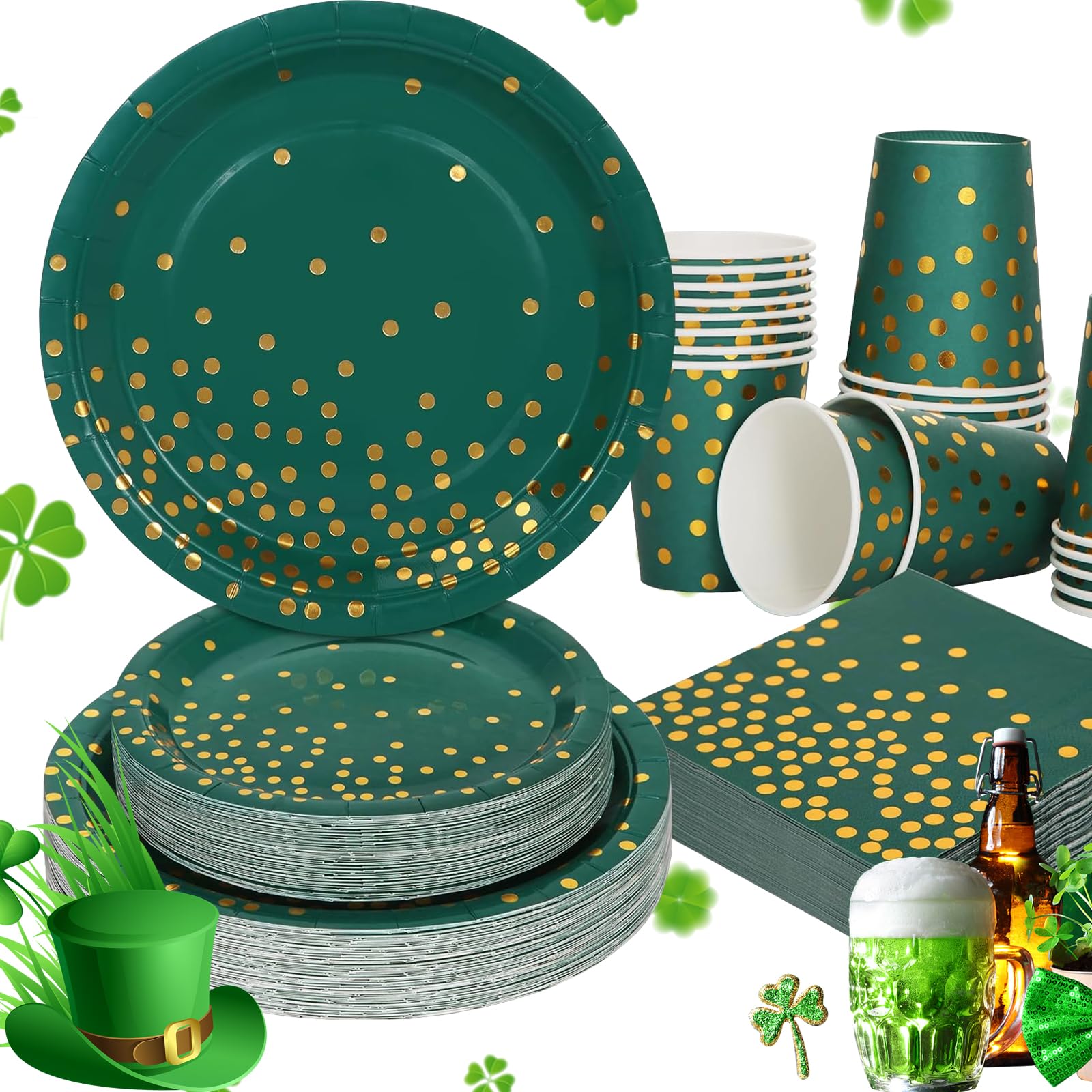 200Pcs Emerald Green & Gold Party Plates and Napkins Set - Elegant Birthday, Father's Day, Graduation Party Supplies for Weddings, Baby Showers & Holiday Celebrations