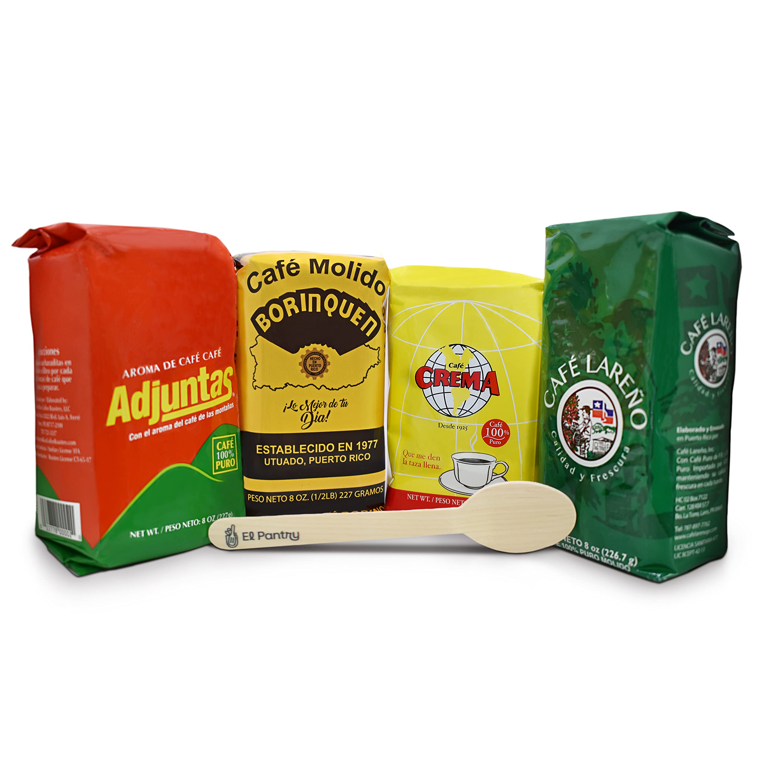 Premium Puerto Rican Coffee Sampler Pack - 4 Varieties (8oz Each) Including Cafe Borinquen, Adjuntas, Crema & Lareno | Ground Coffee Gift Set with Free Wooden Spoon | Perfect for Home Brewing, Office Use & Gourmet Gifting