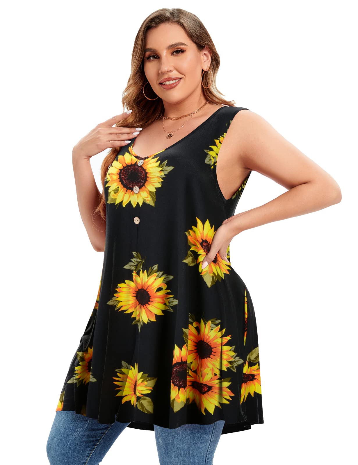 MONNURO Plus Size Women's V Neck Button Down Tank Top - Casual Flowy Sleeveless Summer Tunic Shirt for Beach, Travel & Everyday Wear