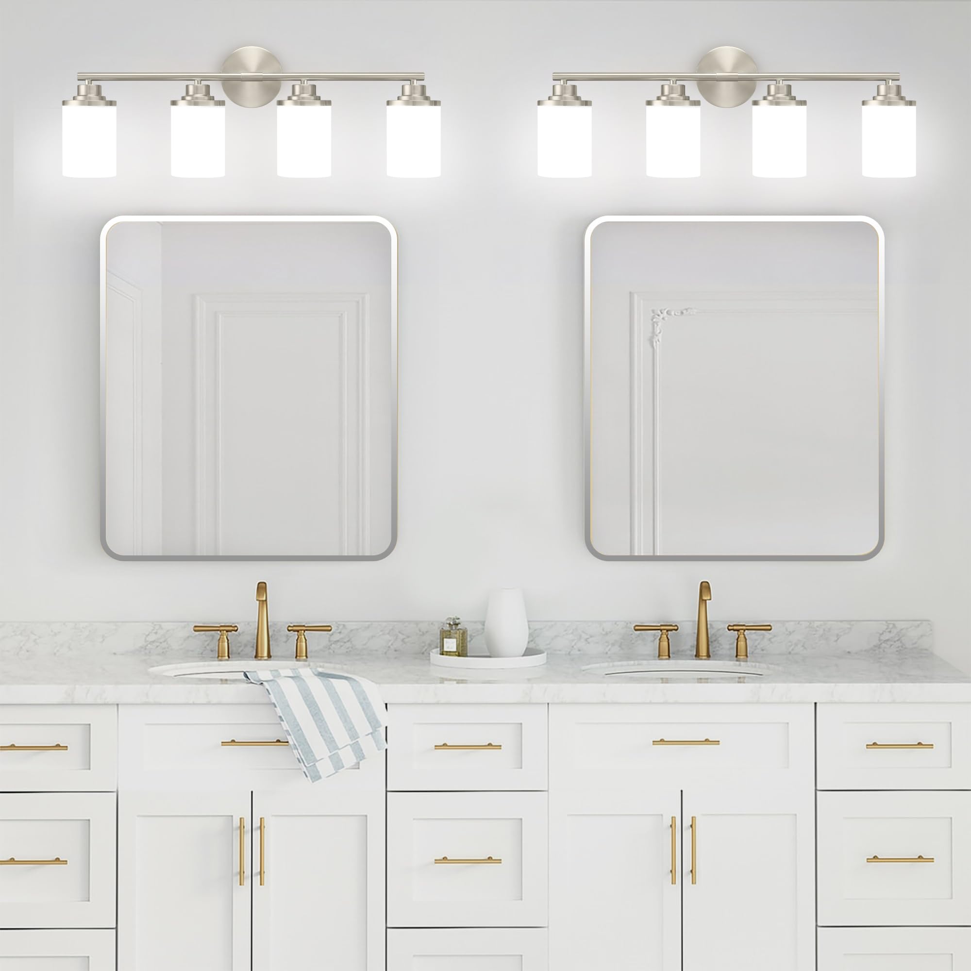Modern Brushed Nickel Bathroom Vanity Light Fixture - 4-Light Frosted Glass Sconce for Mirror Lighting, Perfect for Bathroom, Powder Room & Dressing Room Makeup Area