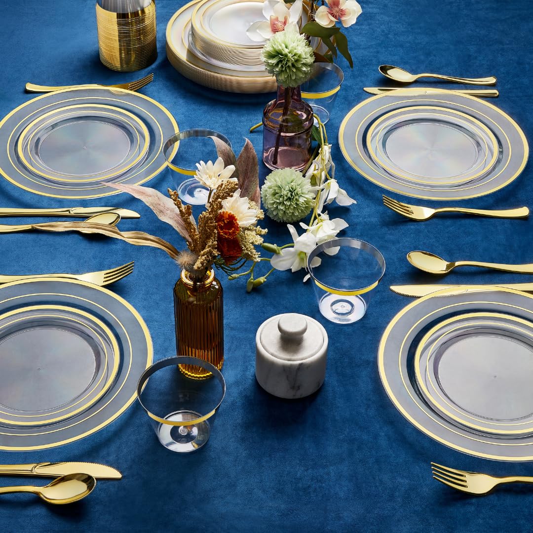 R-kay 100 Pack 10 Inch Clear Gold Plastic Plates - Heavy Duty Disposable Plates for Weddings, Parties, Events & Catering - Elegant & Durable Dinnerware for Special Occasions