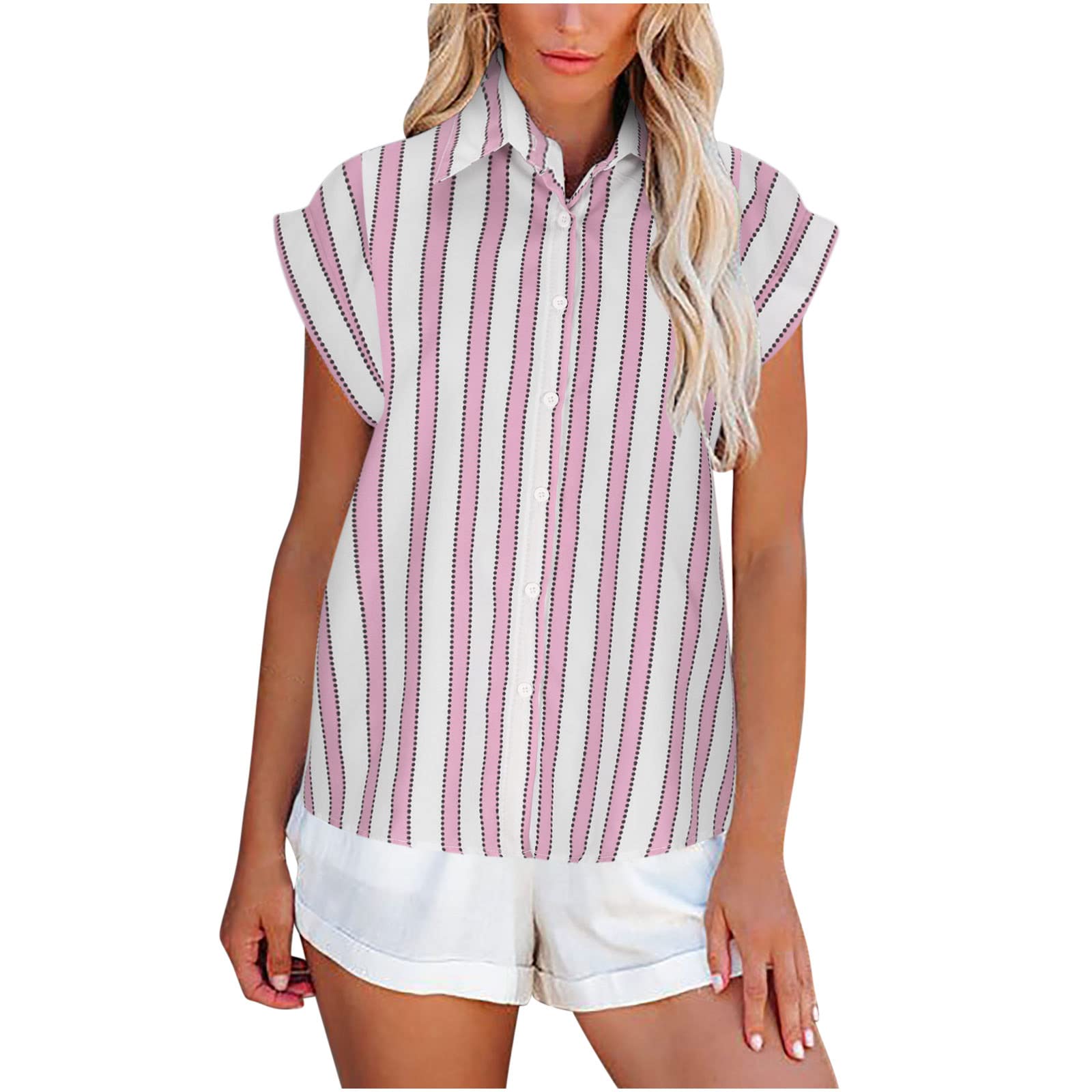 Women's Casual Short Sleeve V-Neck Button Down Blouse - Striped Print Loose Collared Tops for Summer | Office Wear, Weekend Outfits & Beach Cover-Ups