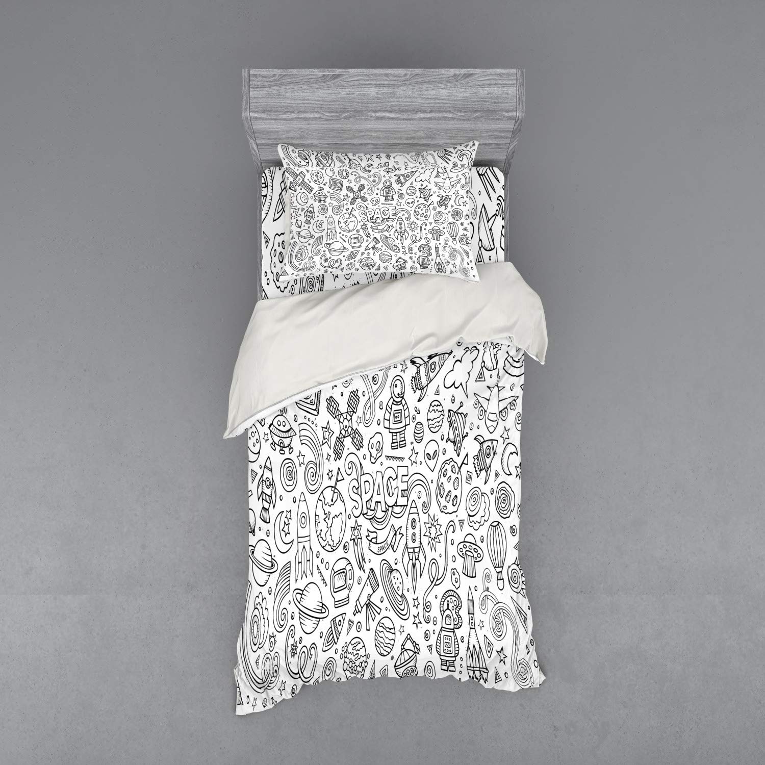 Ambesonne Cartoon Bedding Set - Sketch Abstract Planets Doodle Drawing Style 3-Piece Duvet Cover Set with Pillow Sham & Fitted Sheet, Twin Size, White & Black - Perfect for Kids Rooms, Space Themed Decor & Modern Bedrooms