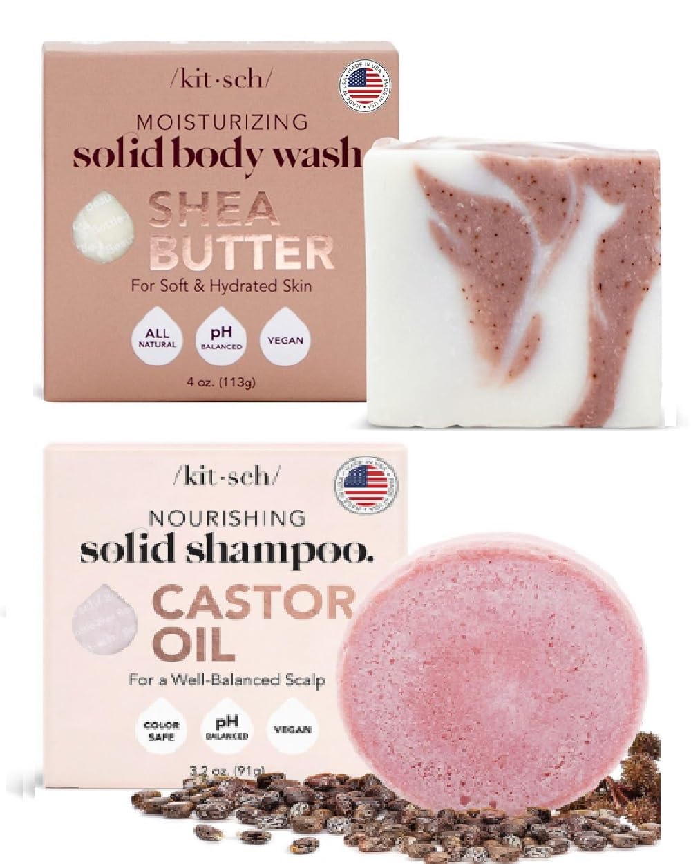 Kitsch Natural Shea Butter Body Wash Bar & Castor Oil Shampoo Bar - Vegan, Sulfate-Free for Dry Skin & Hair Care - Perfect for Travel, Gym & Eco-Friendly Bath Routine