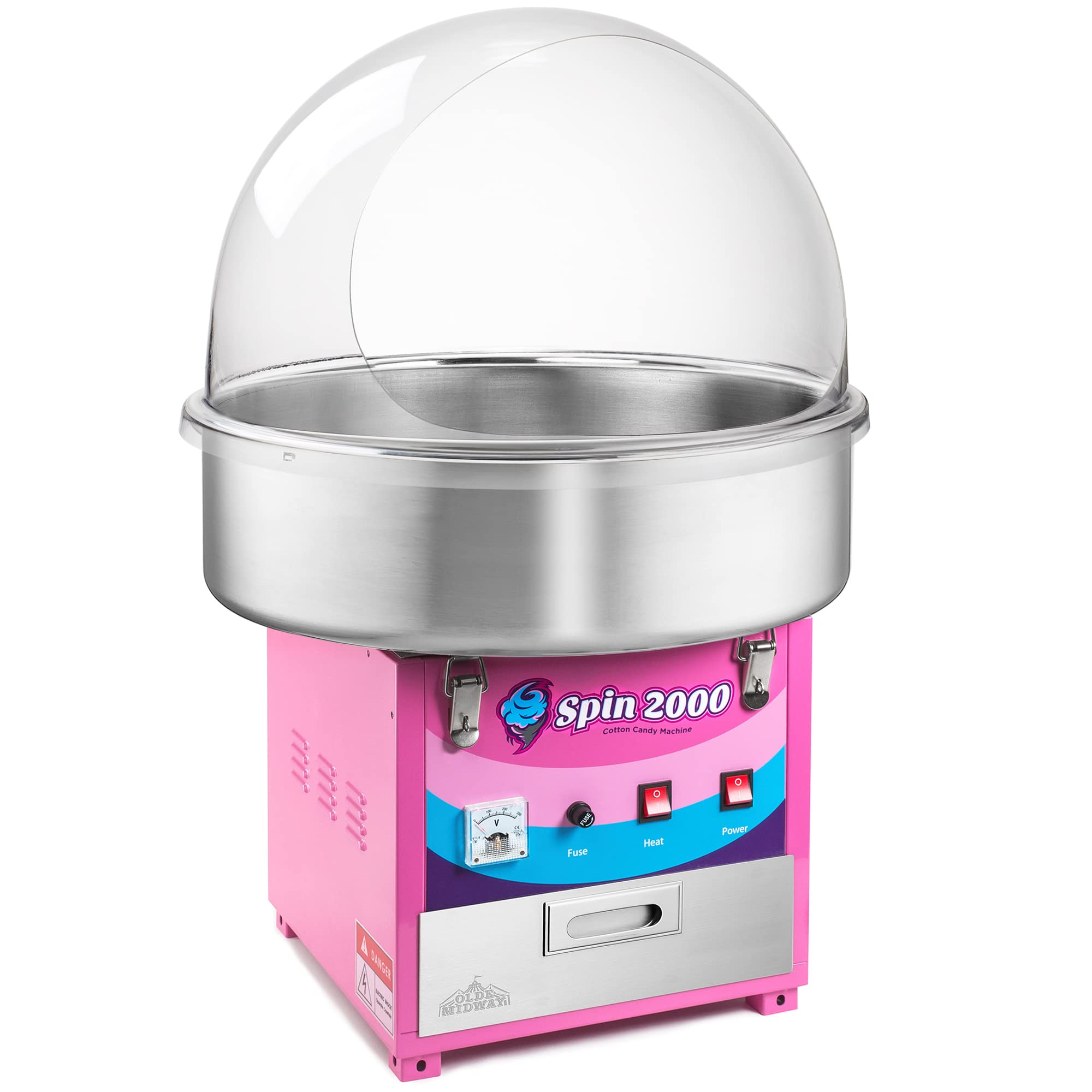 Olde Midway Commercial Cotton Candy Machine with Bubble Shield - SPIN 2000 Electric Candy Floss Maker for Parties, Carnivals & Events - Heavy Duty Stainless Steel Candy Floss Machine for Home & Business Use