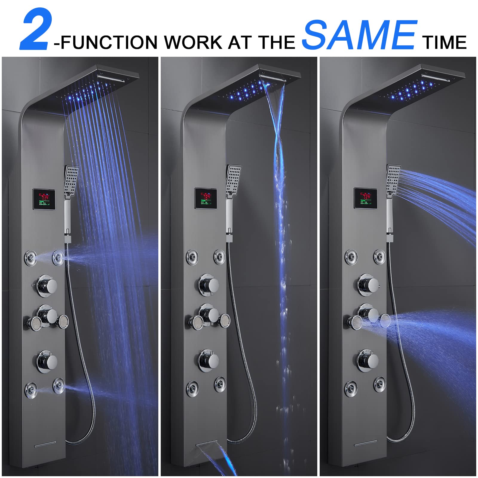 **MENATT LED Lights Shower Panel Tower System - SUS304 Stainless Steel Bathroom Shower Column with Rainfall & Waterfall Shower Head, Massage Jets, Tub Spout & Handheld Shower (Brushed) - Perfect for Modern Spa-Like Bathroom Upgrades**