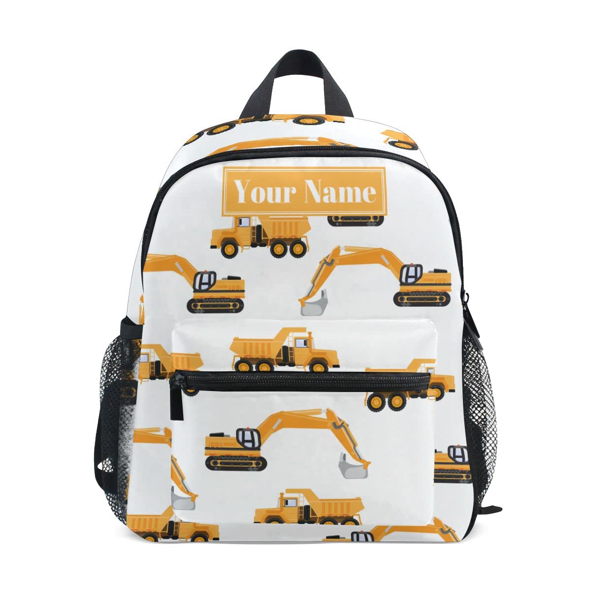 **Personalized Preschool Backpack with Adjustable Chest Strap - Custom Name/Text Daycare Bag for Kids | Durable Industrial Car, Excavator & Trucks Design on White Nursery Diaper Bag | Perfect for Daycare, Travel & Outdoor Adventures**