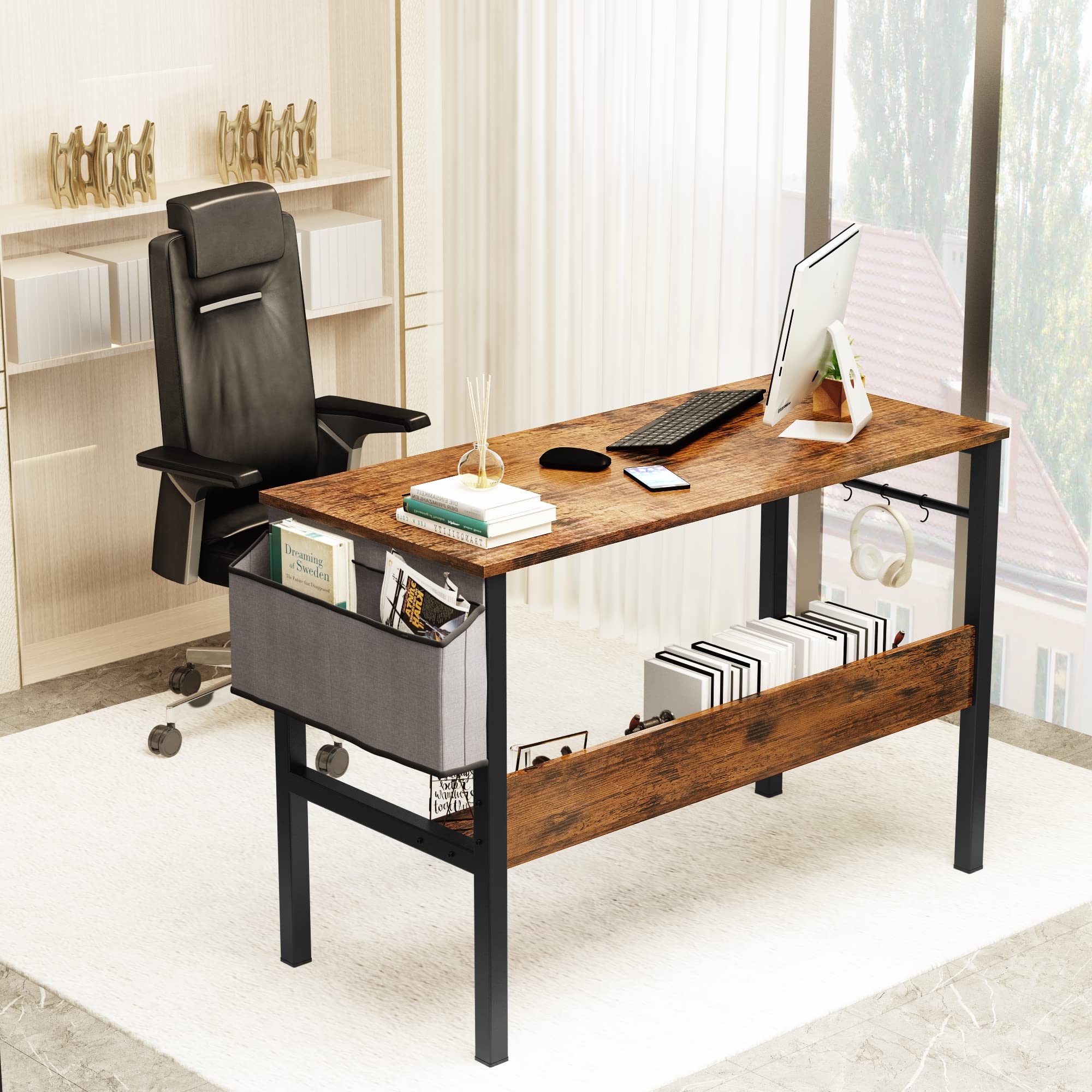 DKLGG 43 Inch Small Computer Desk - Modern Home Office Laptop Study Table for Small Spaces with Storage Bag & Headphone Hook, Rustic Brown - Perfect for Remote Work, Online Classes & Gaming Setup