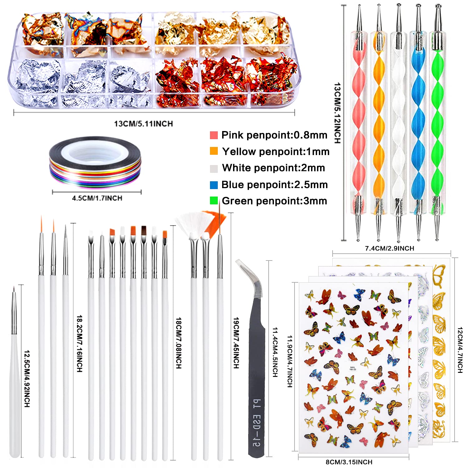 Professional Nail Art Brushes Kit with Dotting Tools, Holographic Stickers, Foil Tape, Rhinestones & Tweezers - Perfect for DIY Manicures, Nail Extensions & Salon Quality Nail Designs