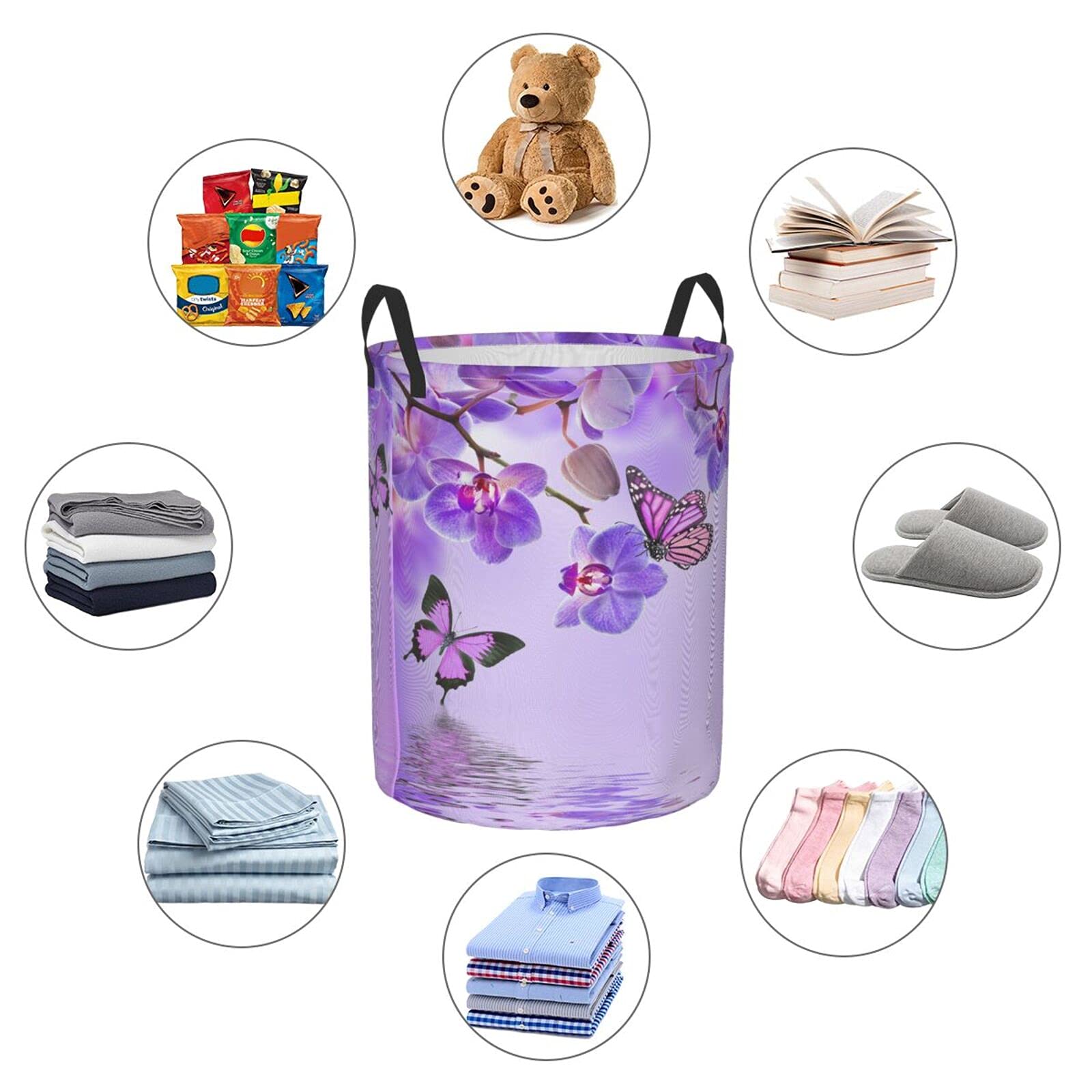 Purple Butterfly Floral Collapsible Laundry Basket with Handles - Waterproof Fabric Hamper for Clothes, Toys & Bathroom Storage - Foldable Organizer Bin for Dirty Laundry, Bedroom & Dorm Room Use