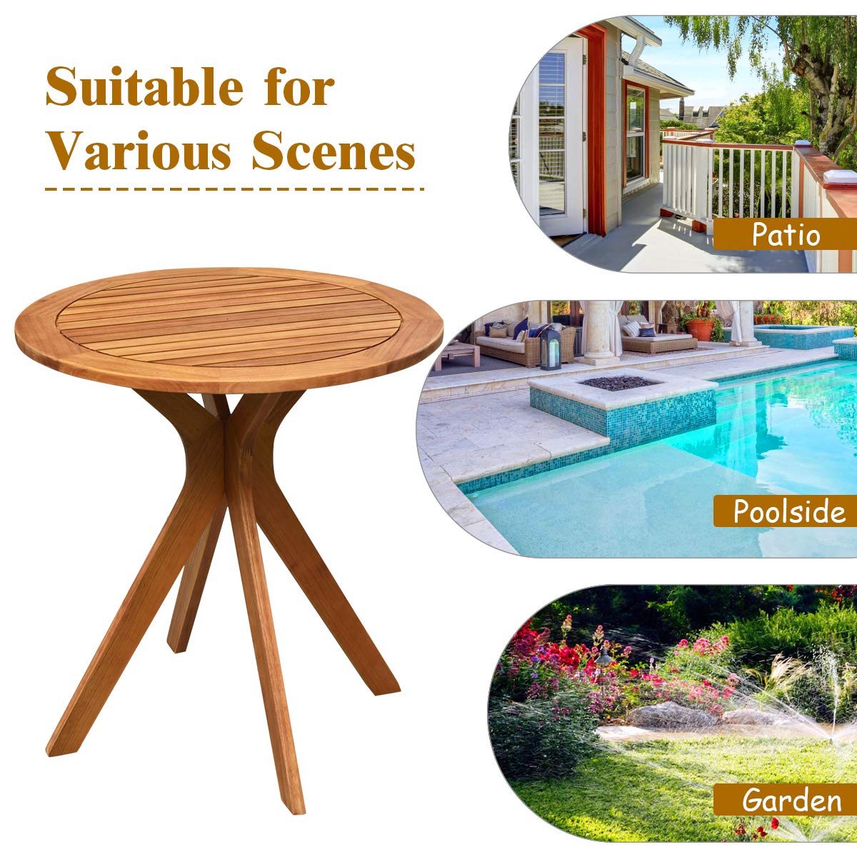 Wooden Round Patio Bistro Table with X-Shaped Base - Indoor/Outdoor Side Table for Coffee, Garden, Backyard & Living Room | Durable Teak Furniture for Relaxing & Entertaining