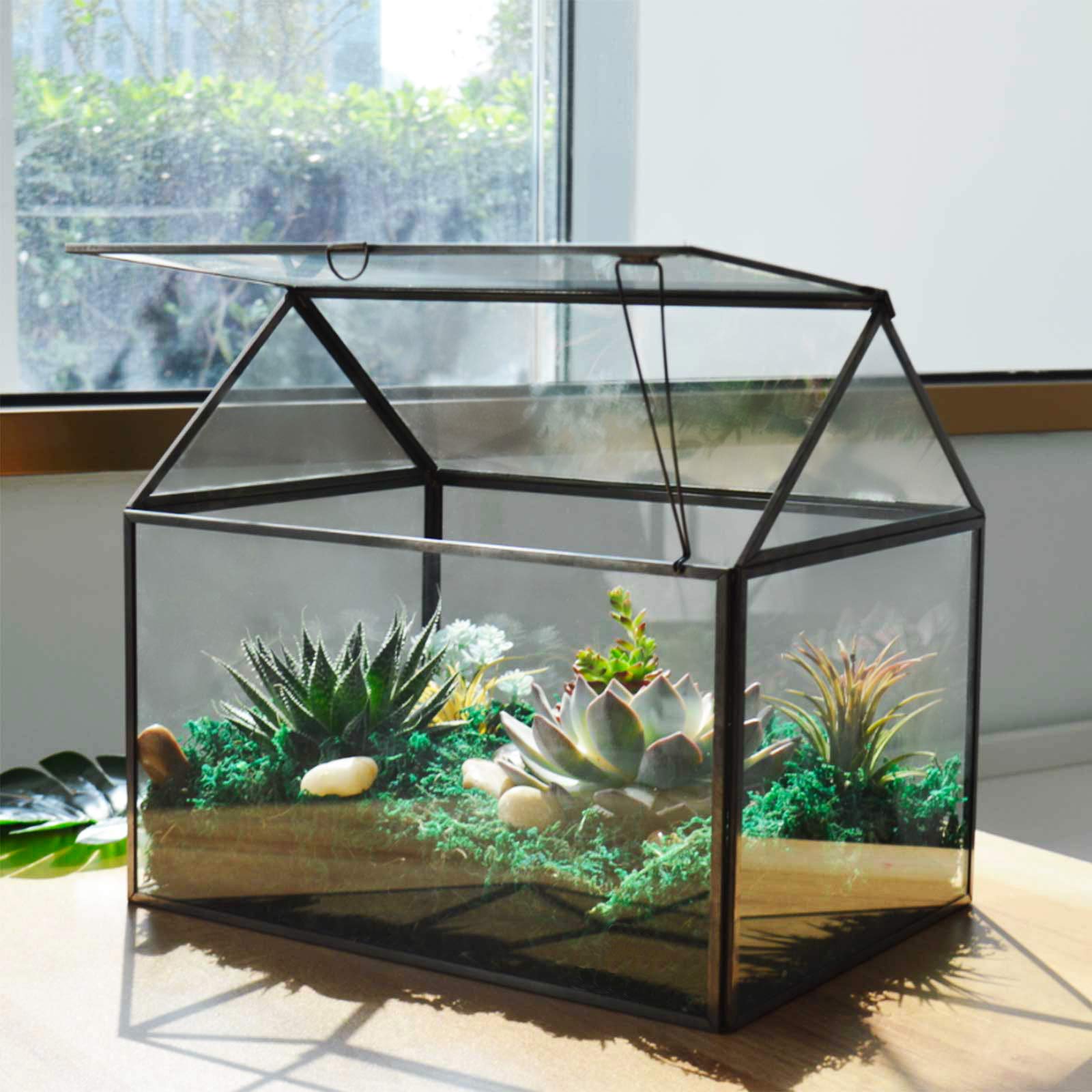 Large Glass Plant Terrarium Kit for Succulents - Black House Greenhouse Terrarium with Lip | Perfect for Indoor Plants, Home Decor & Office Desk Decorations