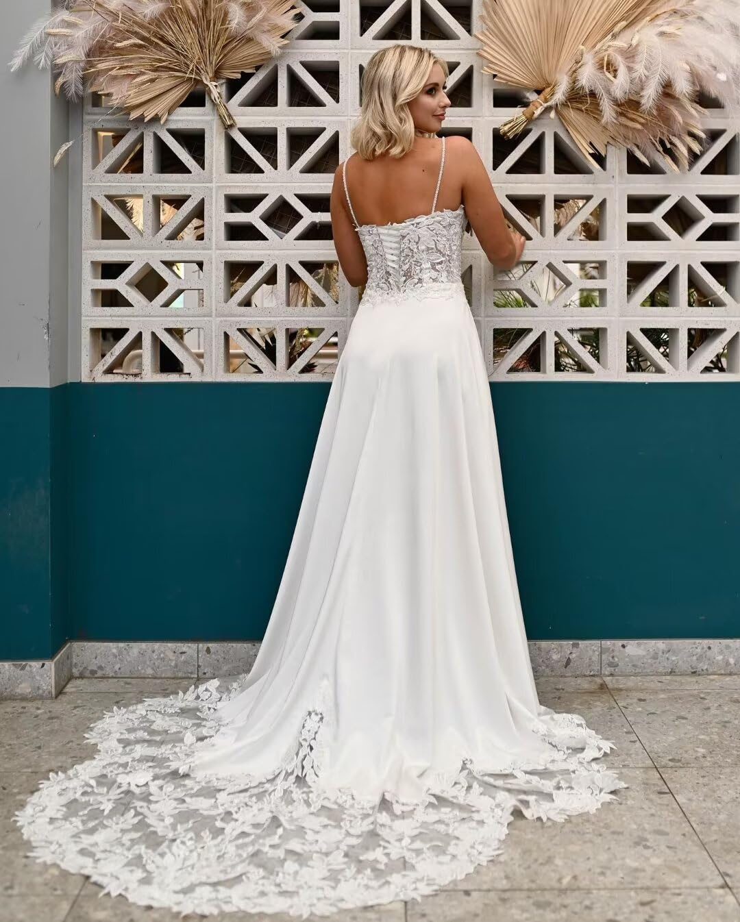 Elegant Spaghetti Straps Wedding Dress with Long Lace Train & Pockets - Beaded Beach Summer Bridal Gown for Outdoor Ceremonies & Destination Weddings
