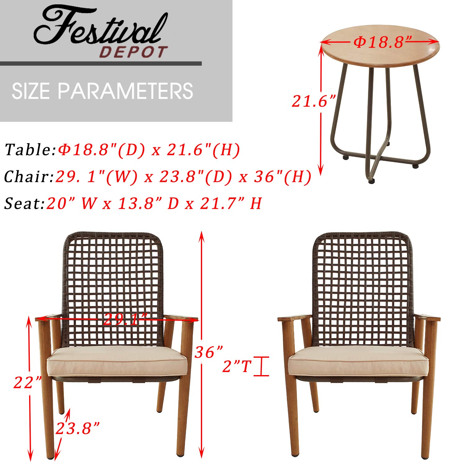 3-Piece Outdoor Bistro Set with Wooden-Color Armchairs & Metal Iron Side Table - Patio Furniture with Cushions for Garden, Cafe, or Backyard Relaxation (Khaki)