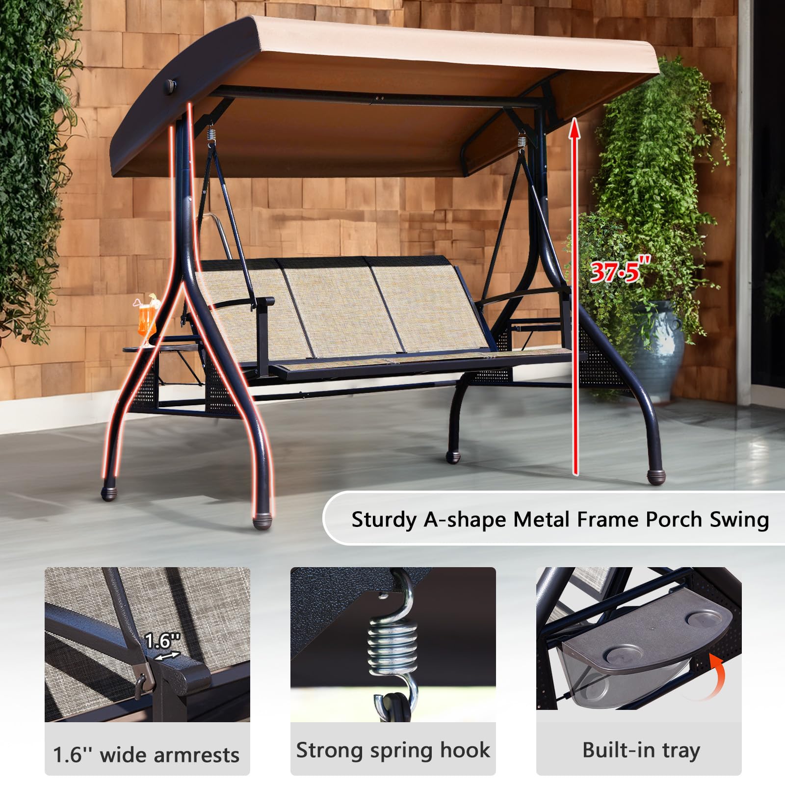 NOBLEMOOD 3-Seater Outdoor Patio Swing with Adjustable Canopy & Stand - Waterproof Textilene Hanging Chair with Cup Holders for Backyard, Garden, Porch - Perfect for Relaxing, Lounging & Outdoor Entertaining