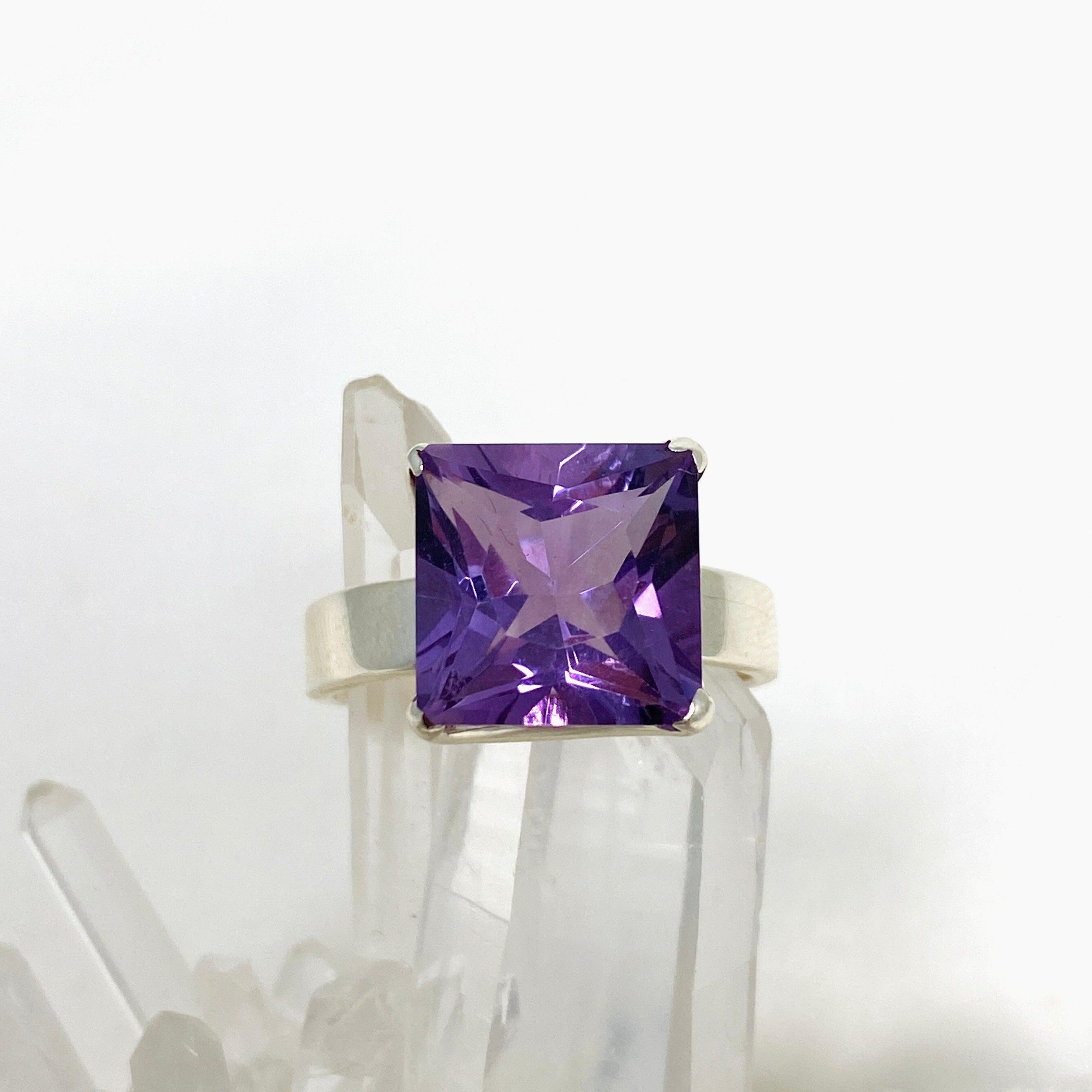 Amethyst Faceted Square Ring - Size 11 - PRGJ424 - Perfect for Women's Fashion, Gift Giving & Special Occasions