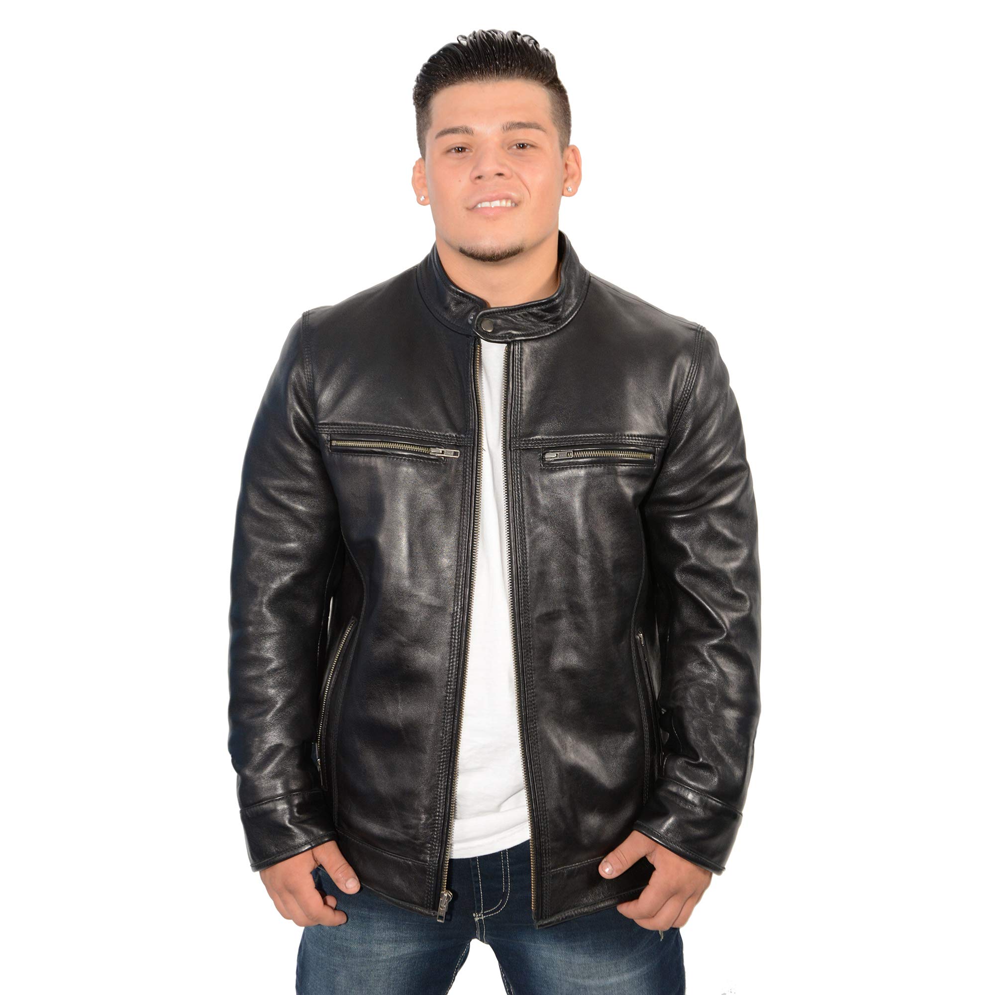Milwaukee Leather SFM1800 Men's Café Racer Black Lambskin Leather Jacket - Large | Premium Motorcycle Biker Jacket for Riding & Casual Wear