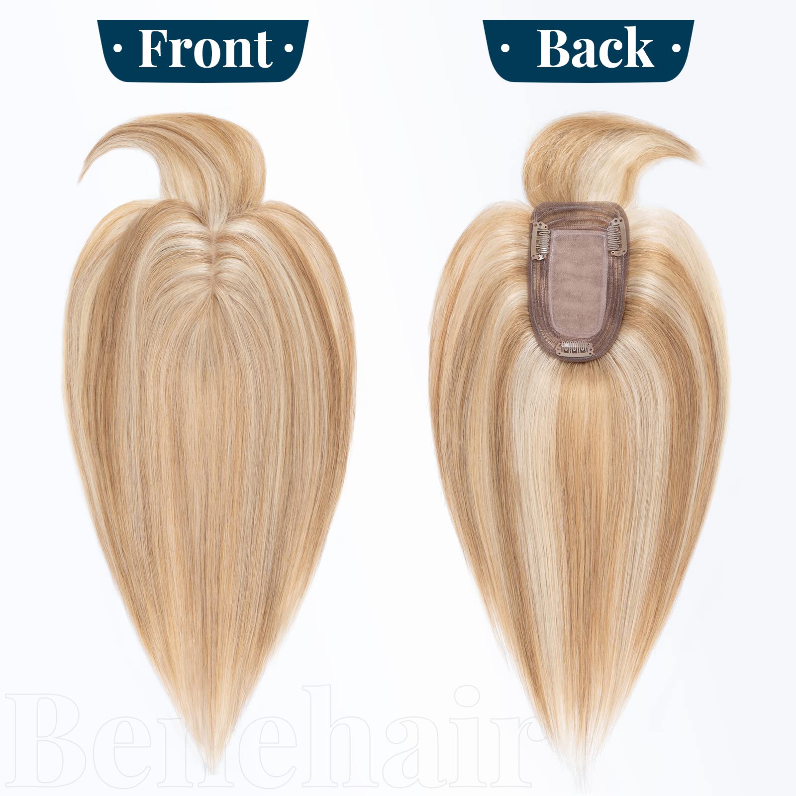 Benehair Human Hair Topper for Women - Handmade Silk Base Clip-In Hair Extension with Thin Bangs, Soft & Straight, 18 Inch 53g, #12P613 Golden Brown & Bleach Blonde - Perfect for Hair Loss, Thinning Hair, and Everyday Styling