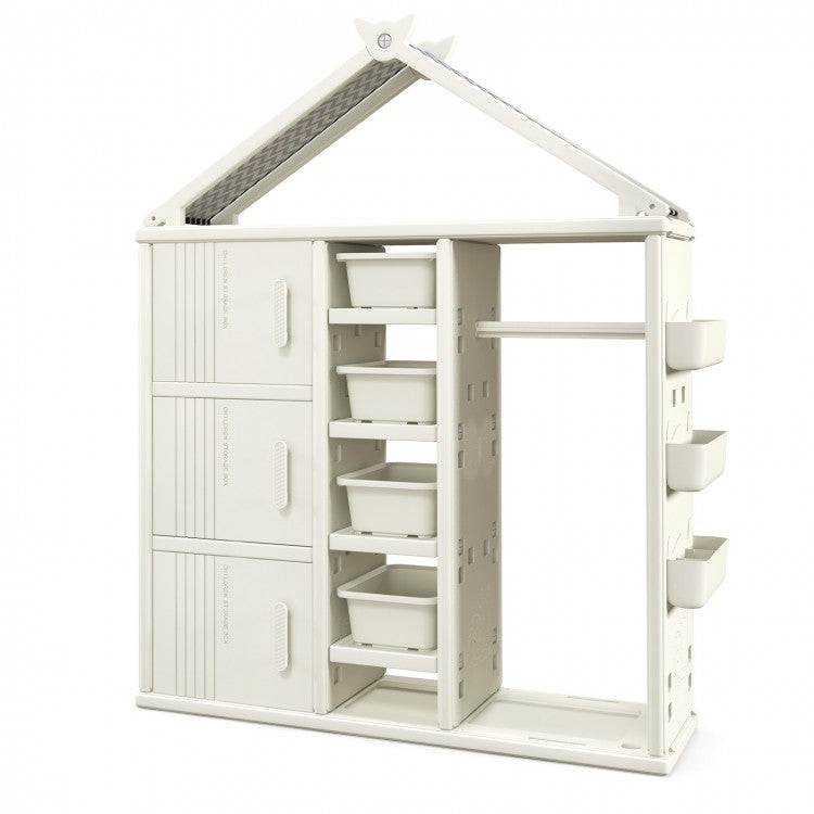 Kids Costume Storage Closet with Bins, Shelves & Side Baskets - White Organizer for Children's Room | Perfect for Toy Storage, Dress-Up Play & Bedroom Organization