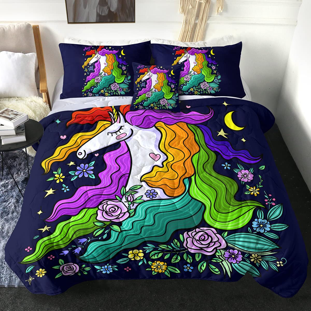 Sleepwish Unicorn Comforter Set - 4 Piece Full Size Bedding with 2 Pillow Shams & 1 Cushion Cover - Navy Blue Floral Star Fairytale Design - Soft Lightweight All-Season Comfort for Girls' Bedroom Decor | Perfect for Kids Room, Teen Bedroom & Gift Ideas
