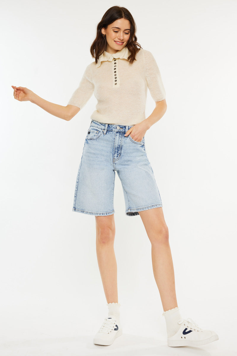 Arley High Rise Bermuda Shorts for Women - Comfortable Stretch Denim Shorts with 5