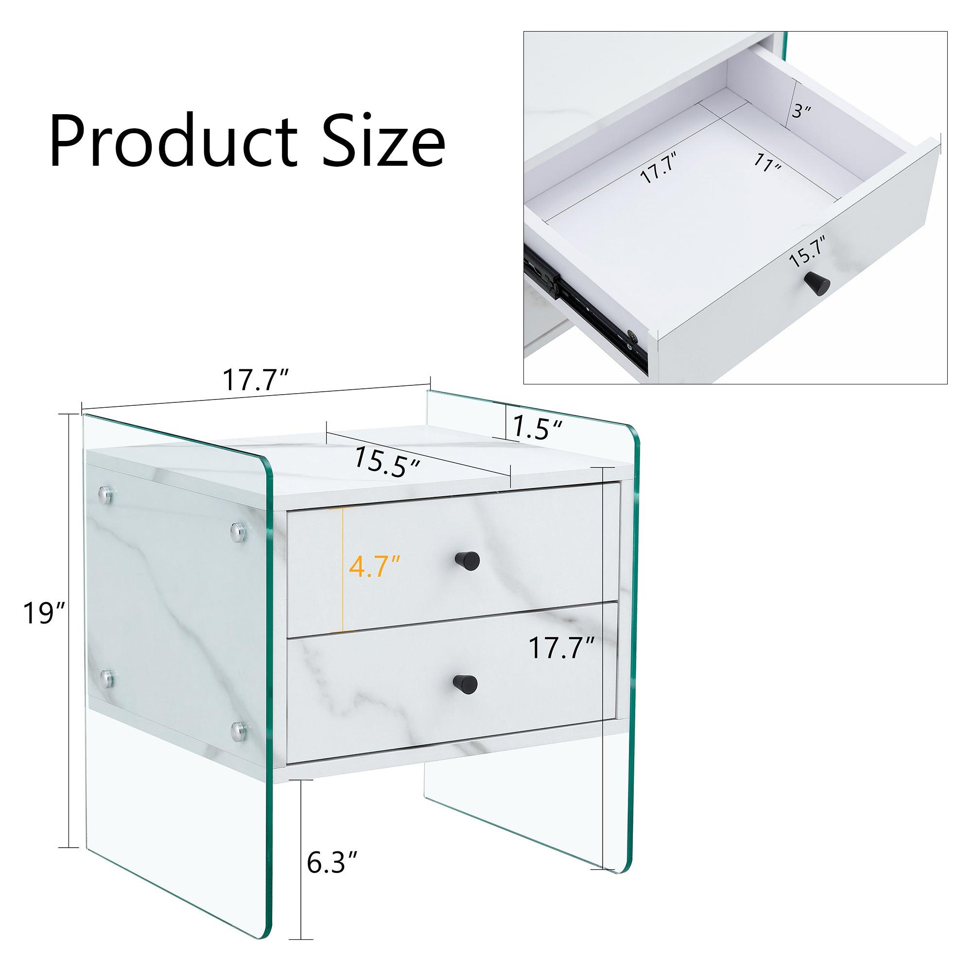 Modern Double Drawer Bedside Table with MDF Sticker Surface & Tempered Glass Sides - Simple Elegant Design, Excellent Storage for Bedroom, Living Room, or Office Use
