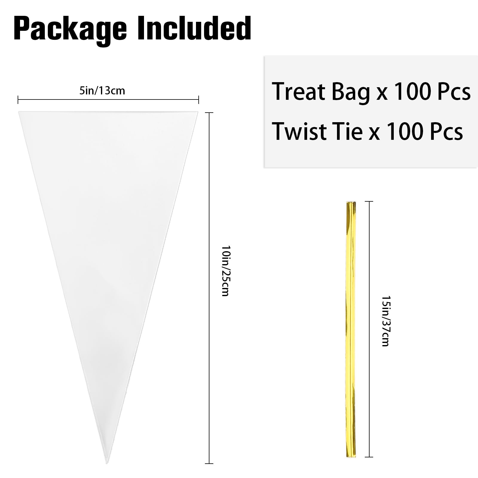 100 Pack Clear Cone Shaped Treat Bags with Twist Ties - 10x5 Inches Triangle Cellophane Bags for Popcorn, Candy, Cookies - Perfect for Birthday Parties, Baby Showers & Holiday Gift Packaging