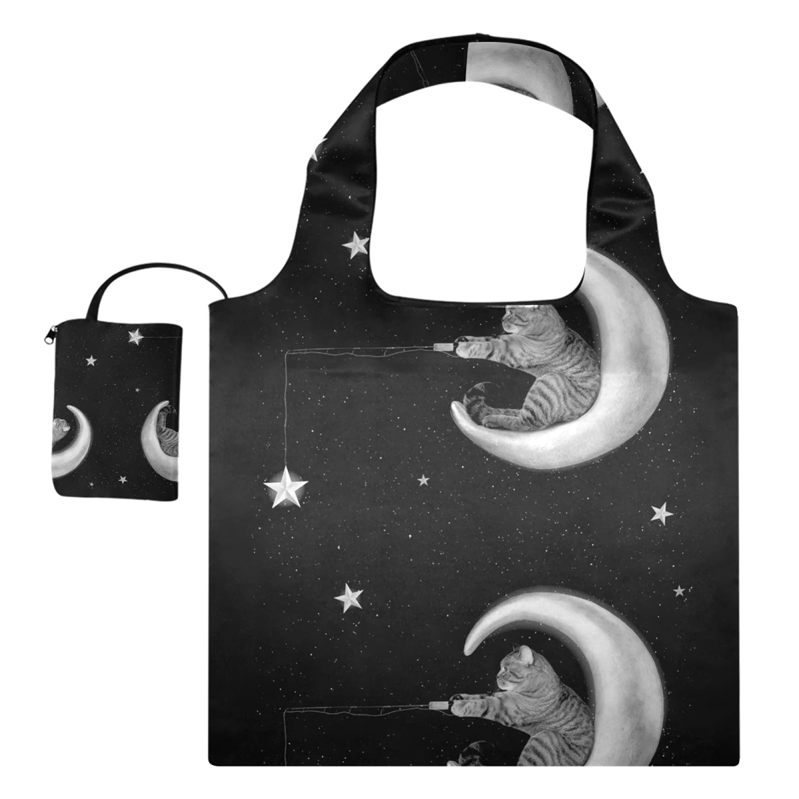Foldable Reusable Canvas Tote Bag - Large Grocery Shopping Bag for Women, Eco-Friendly Shoulder Handbag for Travel, Outdoors & Daily Use | The Cat Sits on Moon & Stars Design