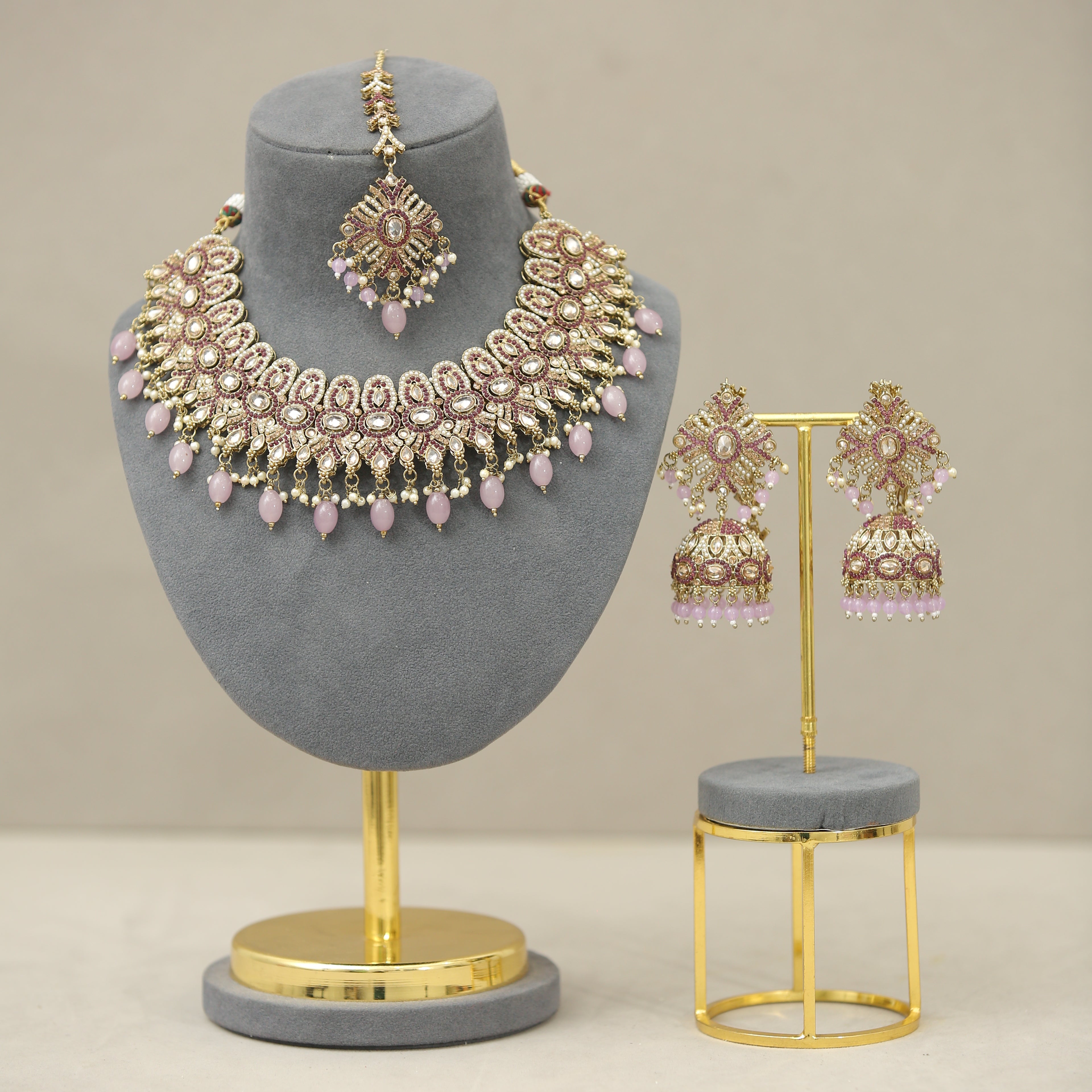 Hemani Polki and Stone Jewelry Set with Tikka - Traditional Indian Bridal Necklace, Earrings, and Hair Accessory for Weddings, Festivals, and Special Occasions