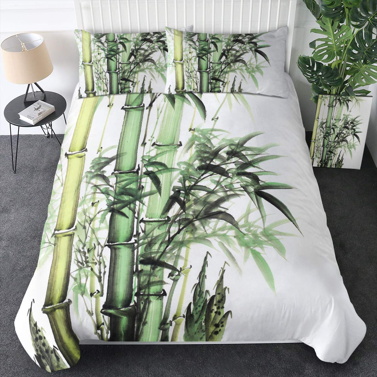 Sleepwish Green Bamboo Duvet Cover Set - Twin Size 3-Piece Traditional Chinese Watercolor Vintage Bedding (1 Duvet Cover + 2 Pillowcases) | Soft & Breathable for All-Season Comfort | Perfect for Guest Rooms, Dormitories & Asian-Themed Bedrooms