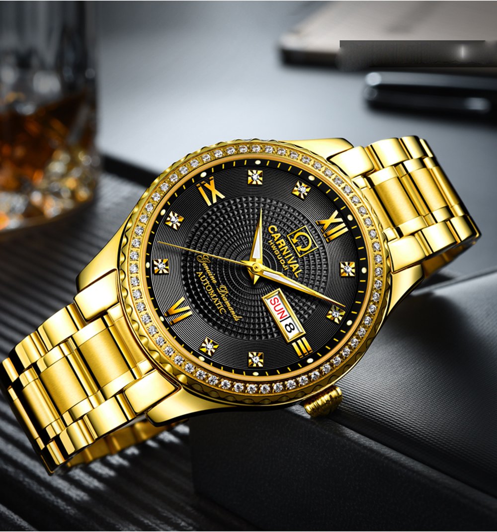 Luxury Automatic Men's Watch - Gold Stainless Steel Case with Sapphire Crystal Glass, Waterproof Black Dial Watch for Business & Formal Occasions