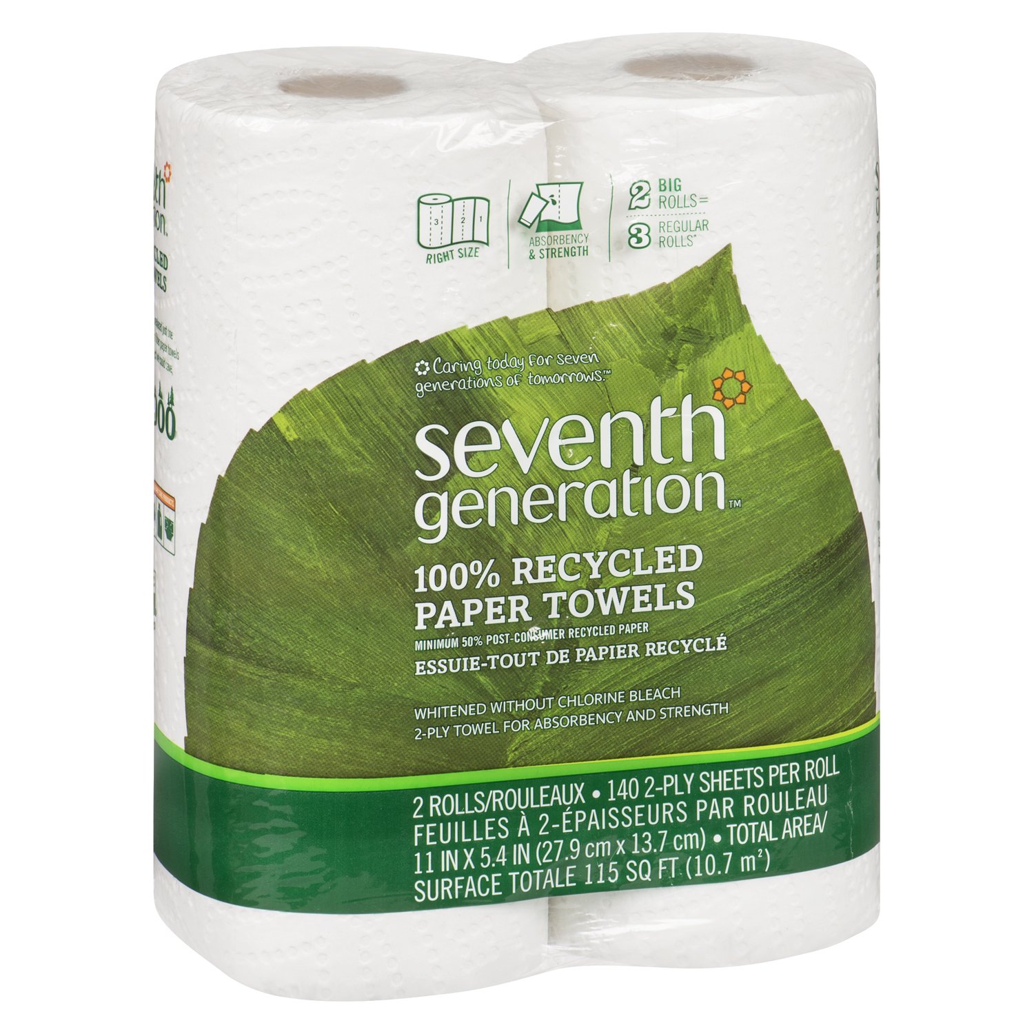 Seventh Generation 100% Recycled Paper Towels, 2-Ply, 2-Count (Pack of 12) | Eco-Friendly Kitchen & Cleaning Supplies for Home & Office Use