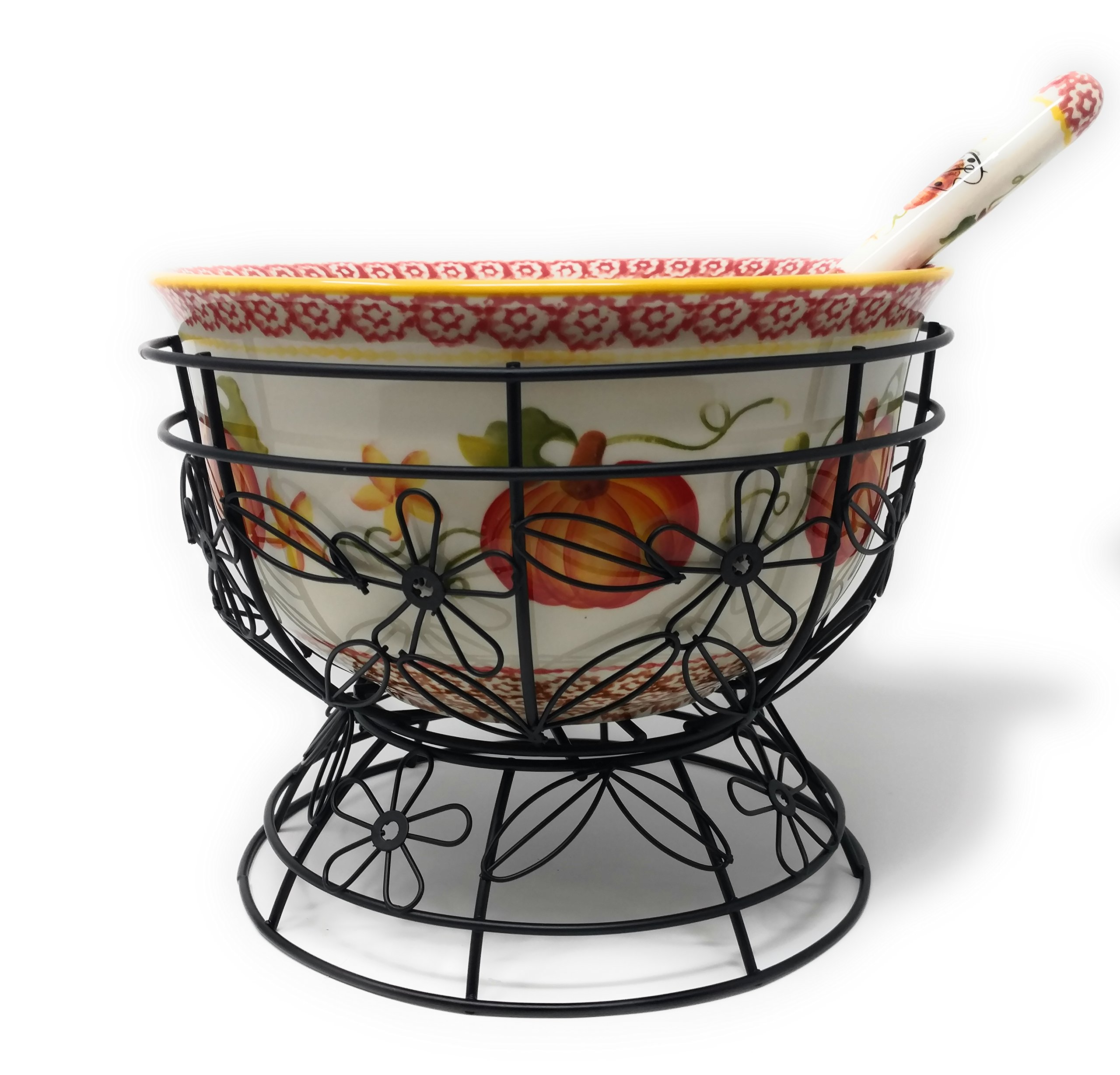 Temp-tations 4.5 Quart Old World Harvest Serving Bowl with Wire Stand & Ladle - Perfect for Punch, Soup, and Party Entertaining