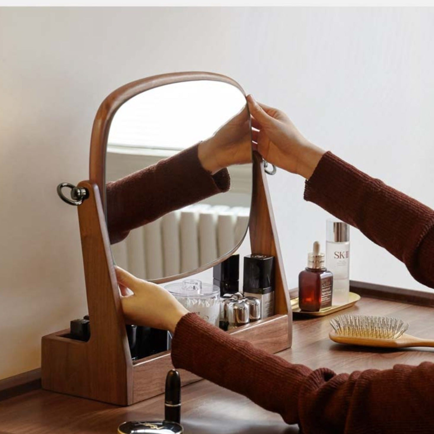 Premium Black Walnut Solid Wood Makeup Mirror & Jewelry Storage Box with 360° Rotation - Perfect for Vanity, Dressing Table, and Bathroom Organizer