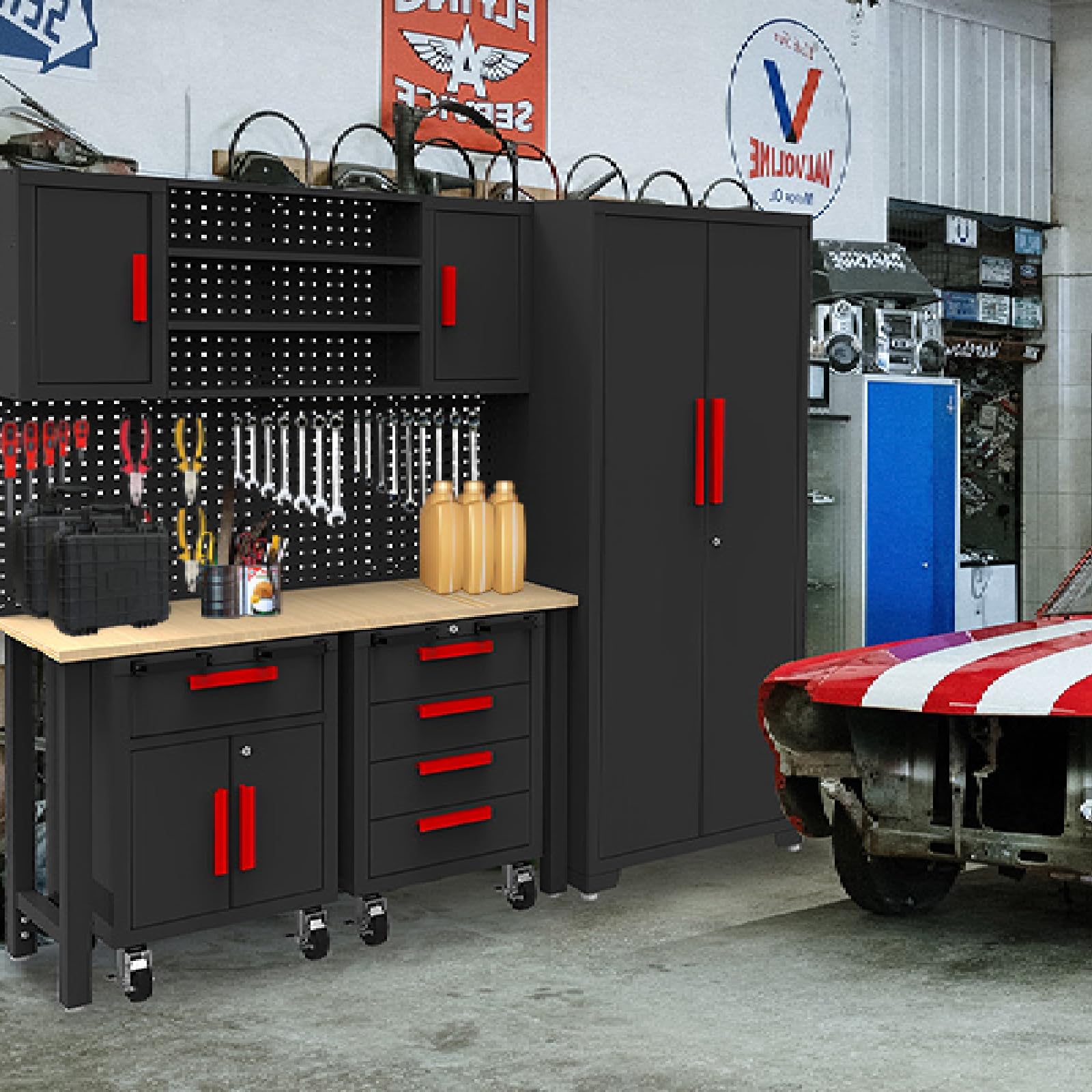 GSSTANDARD 6-Piece Black Garage Storage Cabinet Set with Steel Cabinets, Drawers & Rolling Chest - Heavy Duty Workshop Organization System with Pegboard - Perfect for Garage Tool Storage, DIY Projects & Home Workshop Organization