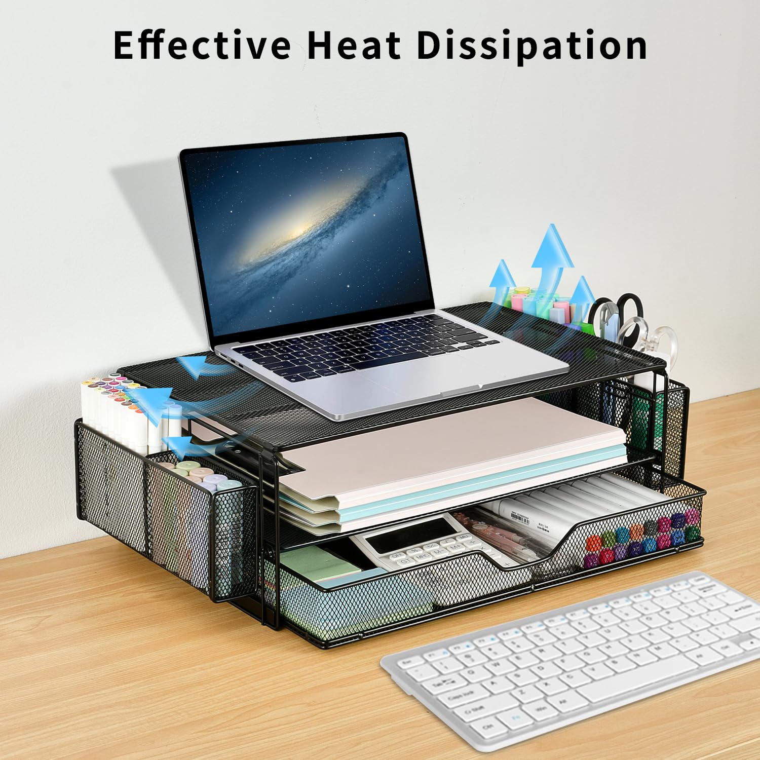 AUPSEN 2 Tier Metal Monitor Stand with Drawer & 2 Pen Holders - Adjustable Computer Monitor Riser, Desk Organizer for Laptop, PC, Printer - Perfect for Home Office, Gaming Setup & Workspace Accessories (Black)